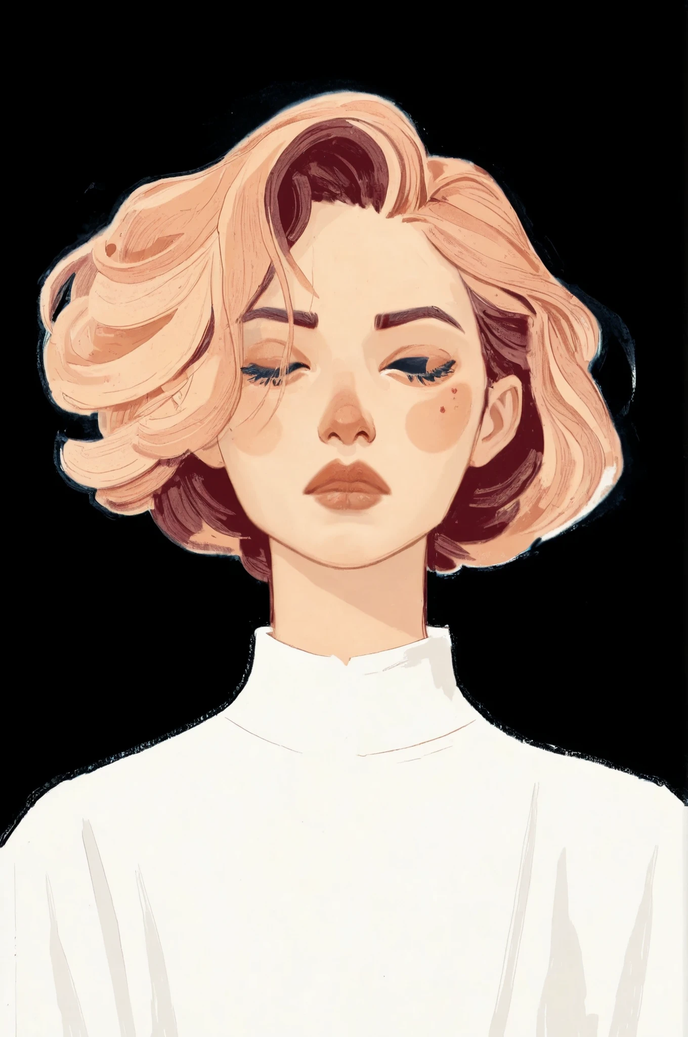 dkri style, hyper detailed gouache portrait of 1girl, black eyes, closed eyes, painterly illustration, gouache layered textures, soft illustration, 2d art, abstract background, masterpiece, best quality, flat illustration, extreme quality, IllustriousQual, masterpiece, best quality, realistic, lora:AnatoFinnstarkIXL_v2:1.0, vi, oil painting (medium), muted color, soft painterly brushstrokes