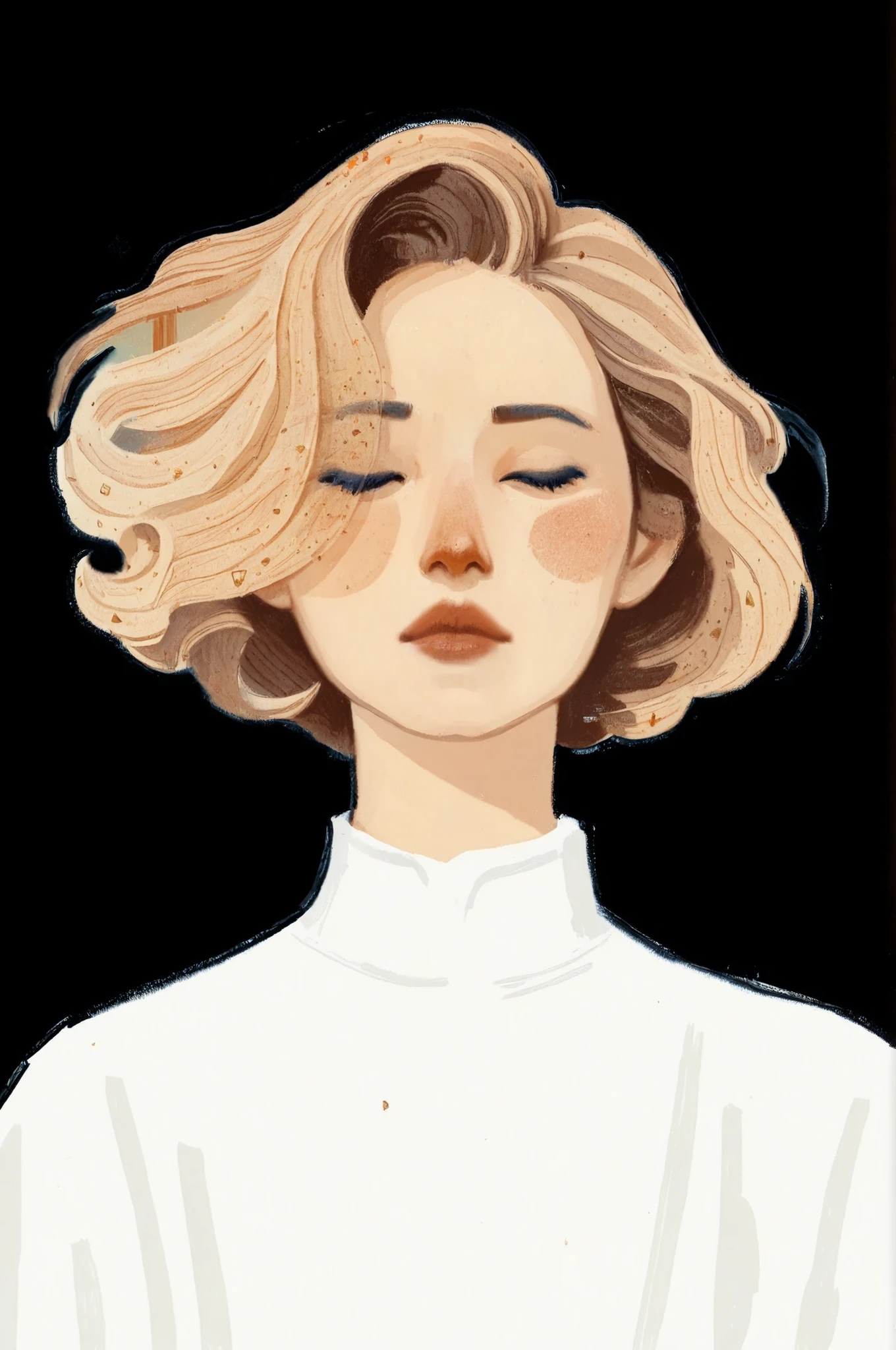 dkri style, hyper detailed gouache portrait of 1girl, black eyes, closed eyes, painterly illustration, gouache layered textures, soft illustration, 2d art, abstract background, masterpiece, best quality, flat illustration, extreme quality, IllustriousQual, masterpiece, best quality, realistic, lora:AnatoFinnstarkIXL_v2:1.0, oil painting (medium), muted color, soft painterly brushstrokes