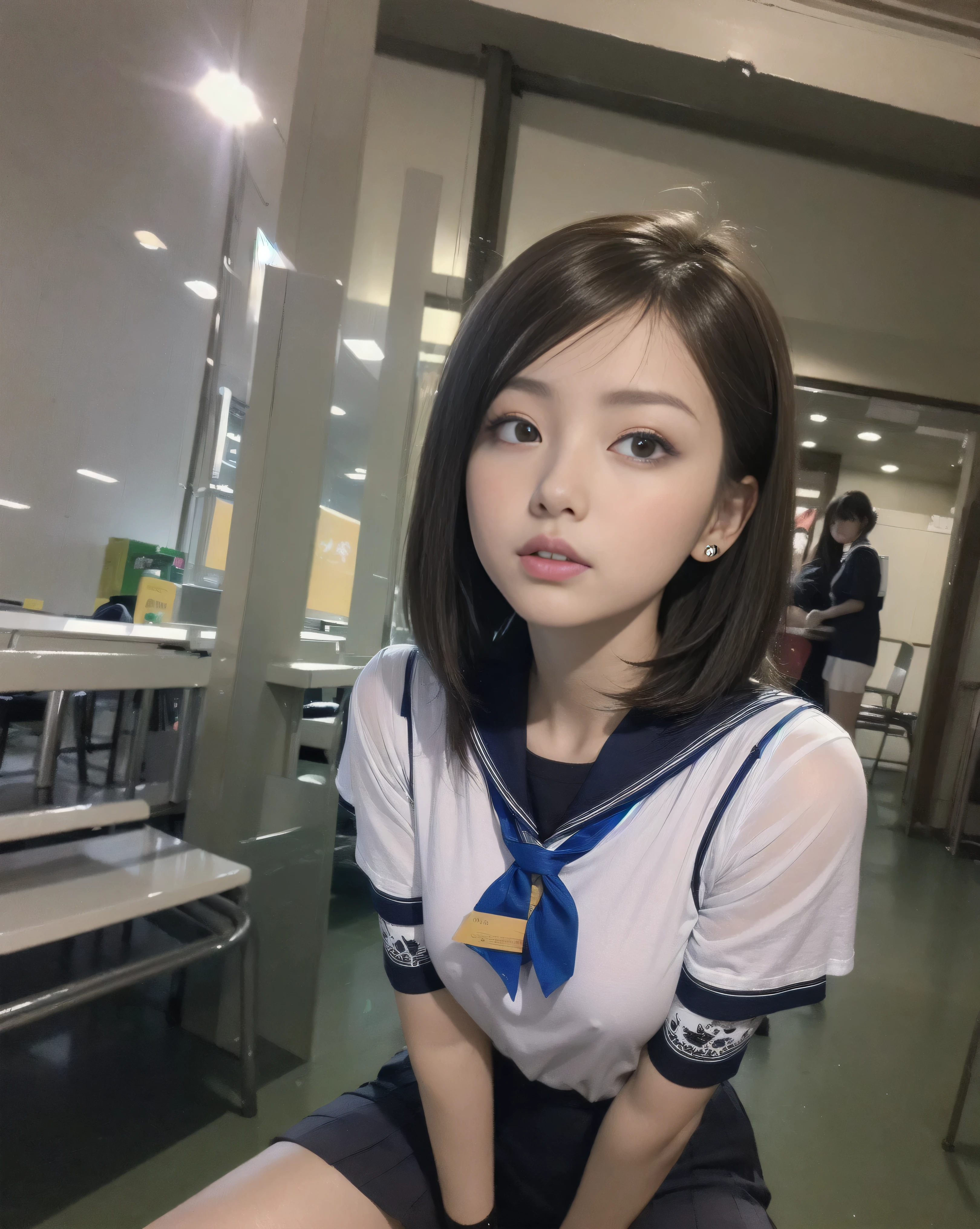 ((masterpiece)), ((Highest quality)), (Very detailedな), ((Very detailed)), 4K, (8k), Highest quality, (beautiful), Anime Style, Upper Body, Looking up from below, Whole body concentration, In the school classroom, Cute Woman, 1 female、beautiful , alone, (Sailor suit、Pleated mini skirt、Over the knee socks), Brown long hair, Hip, Embarrassing, (Showing her sheer white panties:1.2),Lens flare, Shiny, Shine、Smooth thighs、the body is slim、Small Ass、Japanese actress face、