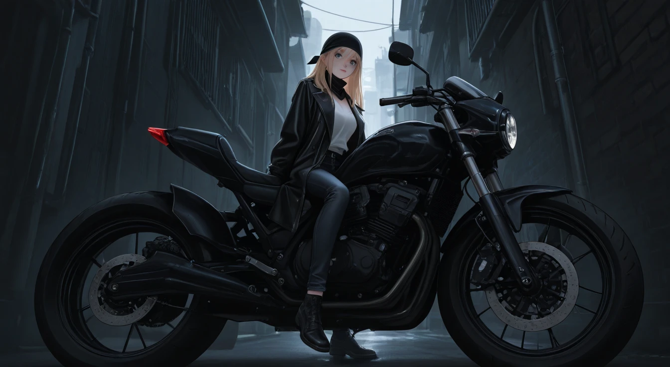 Woman riding big cruiser motorcycle, black streetwear, medium chest, long golden hair, golden eyes, big smile, happy, motorcycle goggles, dirty, apocalypse, city at night, highly detailed, fleeing zombies