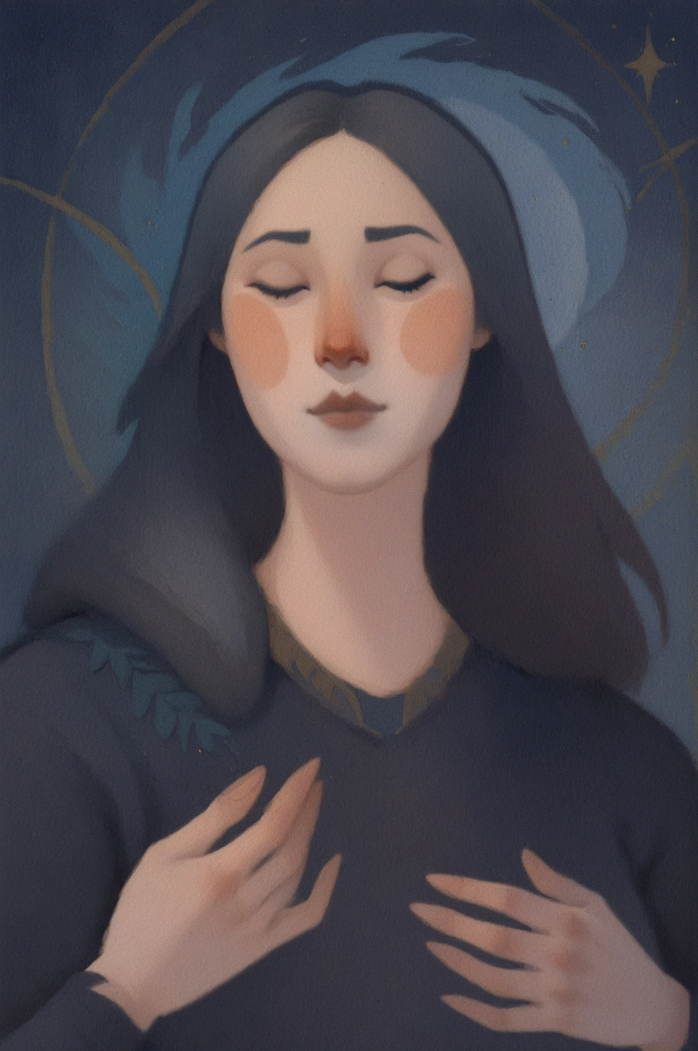 dkri style, hyper detailed gouache portrait of 1girl, black eyes, closed eyes, painterly illustration, gouache layered textures, soft illustration, 2d art, abstract background, masterpiece, best quality, flat illustration, extreme quality, IllustriousQual, masterpiece, best quality, realistic, lora:AnatoFinnstarkIXL_v2:1.0, oil painting (medium), muted color, soft painterly brushstrokes, sevenseven, vivid, gradient, smooth, semi-realism