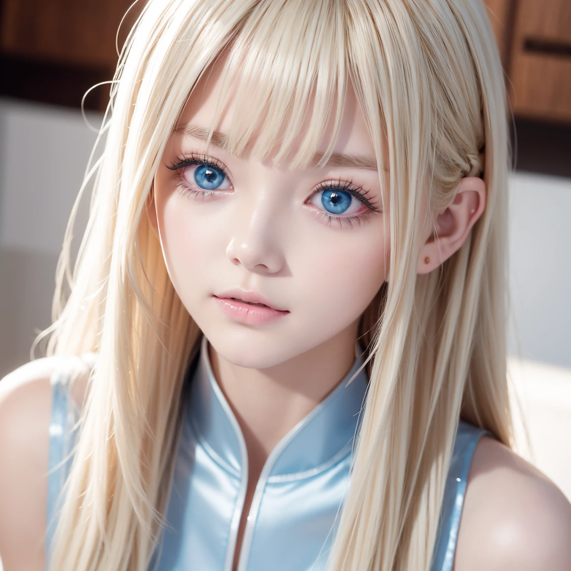 A beautiful blonde girl, Glossy firm and shiny skin, bangs between the eyes, Beautiful shiny straight platinum blonde, Super Long Straight Silky Hair, eyeliner, sexyで美しい無邪気な16歳, High-definition shining beautiful bright light blue very large eyes, very big eyes、very beautiful and nice girl, ((huge ))、((、sexy、ultra high resolution、the lighting is bright、Precise hands without any discomfort))、hair over eyes、hair over one eye、hair between eyes、Extremely pure white, bright and glossy skin、cheek highlights、
