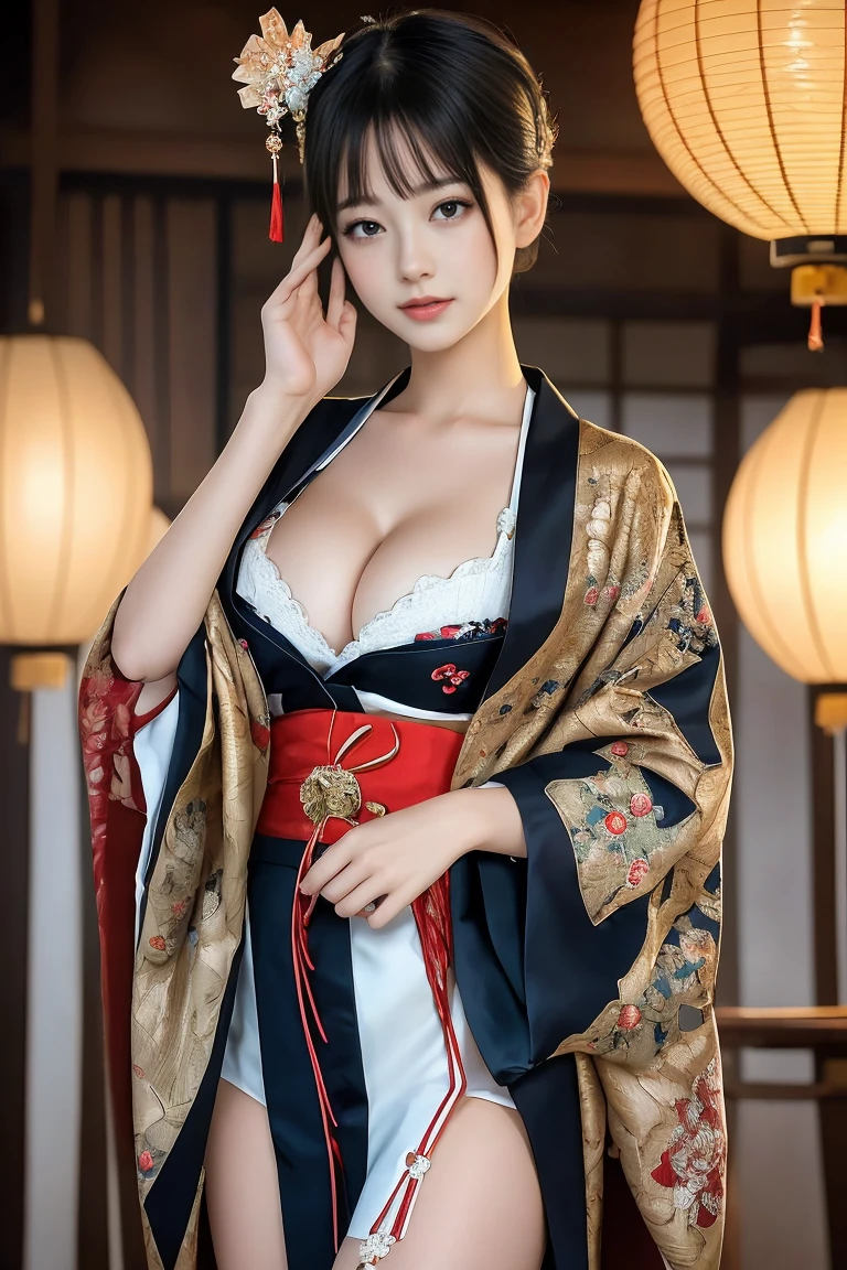 up do hairstyle, 1girl in, Extremely beautiful, Extremely cute, Amazing face and eyes, (large round eyes:1.15), Very calm look, (extremely detailed beautiful face), (Courtesan style beautiful and Cute floral kimono:1.5), (???? shoulders:1.3), (Best Quality:1.4), (Ultra-detailed), (A hyper-realistic, Photorealsitic:1.37), Beautiful fair skin, extremely detailed CG unified 8k wallpaper, RAW Photos, professional photograpy, Cinematic lighting, Sitting, Spread your ????????? open, (Rat trail ditch, Private part:1.2), Staring at me, (Beautiful Floral Wallpapers), Bedroom, futon bedding, PILLOWS, dark Bedroom, Candle lighting, peaceful ambiance, (Courtesan style:1.4),