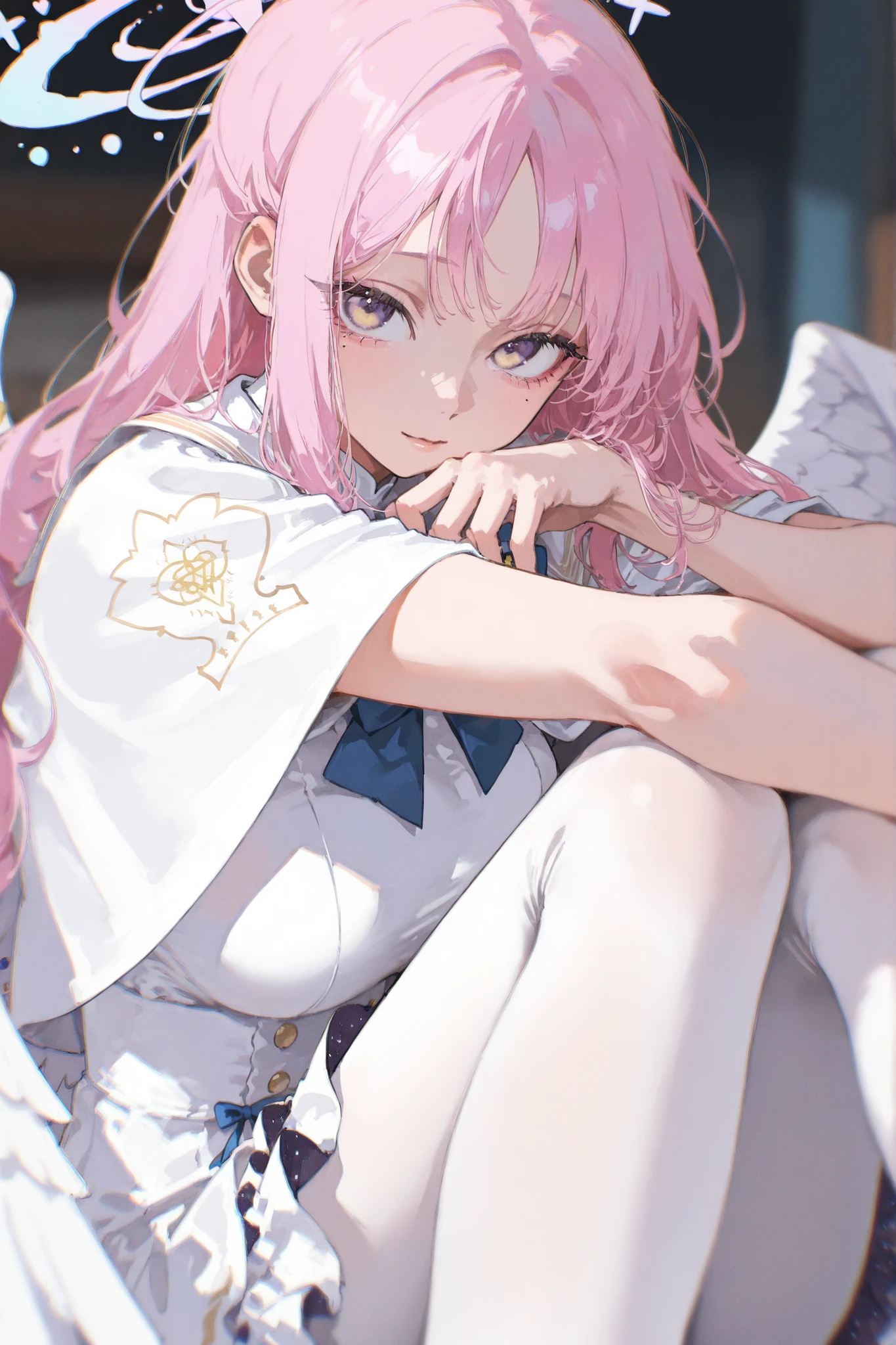 masterpiece, high quality, best quality, detailed eyes, detailed hair, detailed skin, 8K, fine detail, (masterpiece:1.2, top quality), detailed background, masterpiece, Rutting Eyes, excessive soft breasts, aegyo sal, Masterpiece, Highest Quality, solo, yoneyama mai, blurry, chromatic aberration, portrait, close-up, aegyo sal, whnzz, mnmbcstyle, ((Misono Mika from Blue Archive)), white dress,capelet,wings,white pantyhose,