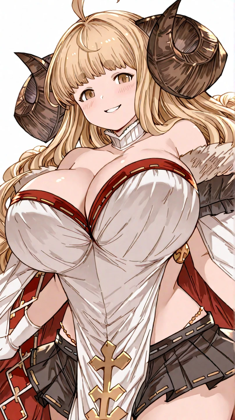 ANILADEF, CLEAVAGE, CAPE, WHITE GLOVES, WHITE THIGHHIGHS, PLEATED SKIRT, FUR TRIM, PELVIC CURTAIN, WHITE TABARD, 1girl, solo, upper body, ?????????????, 5 fingersdetailed face, detailed eyes, detailed hair