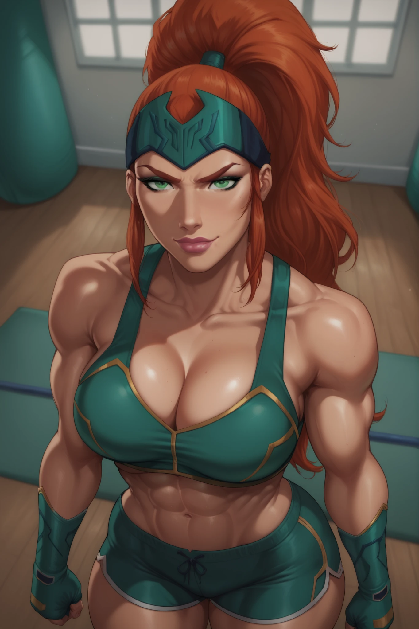 BREAK, score_6_up, score_9, score_8_up, score_7_up, high quality, masterpiece, Mera, 1girl, solo, forehead protector, green eyes, red ginger hair, high ponytail, muscular female, very large breasts, cleavage, curvy, athletic, long hair, hair pulled back, pink lipstick, makeup, looking at viewer, seducing viewer, teasing viewer, smile, closed mouth, seductive expression, bedroom eyes, busty, teal green bikini top, teal green workout shorts, teal green boxing gloves, indoors, boxing ring, standing, portrait, upper body, closeup, high-angle view, aqua blue eyeshadow, black mascara, thick thighs, wide hips