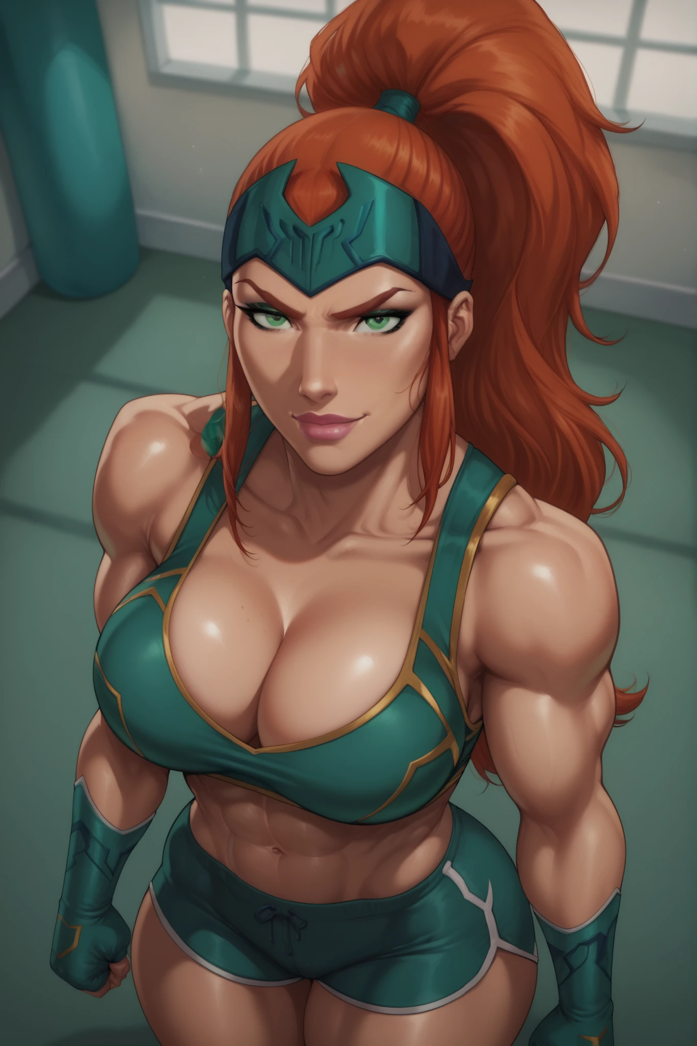 BREAK, score_6_up, score_9, score_8_up, score_7_up, high quality, masterpiece, Mera, 1girl, solo, forehead protector, green eyes, red ginger hair, high ponytail, muscular female, very large breasts, cleavage, curvy, athletic, long hair, hair pulled back, pink lipstick, makeup, looking at viewer, seducing viewer, teasing viewer, smile, closed mouth, seductive expression, bedroom eyes, busty, teal green bikini top, teal green workout shorts, teal green boxing gloves, indoors, boxing ring, standing, portrait, upper body, closeup, high-angle view, aqua blue eyeshadow, black mascara, thick thighs, wide hips