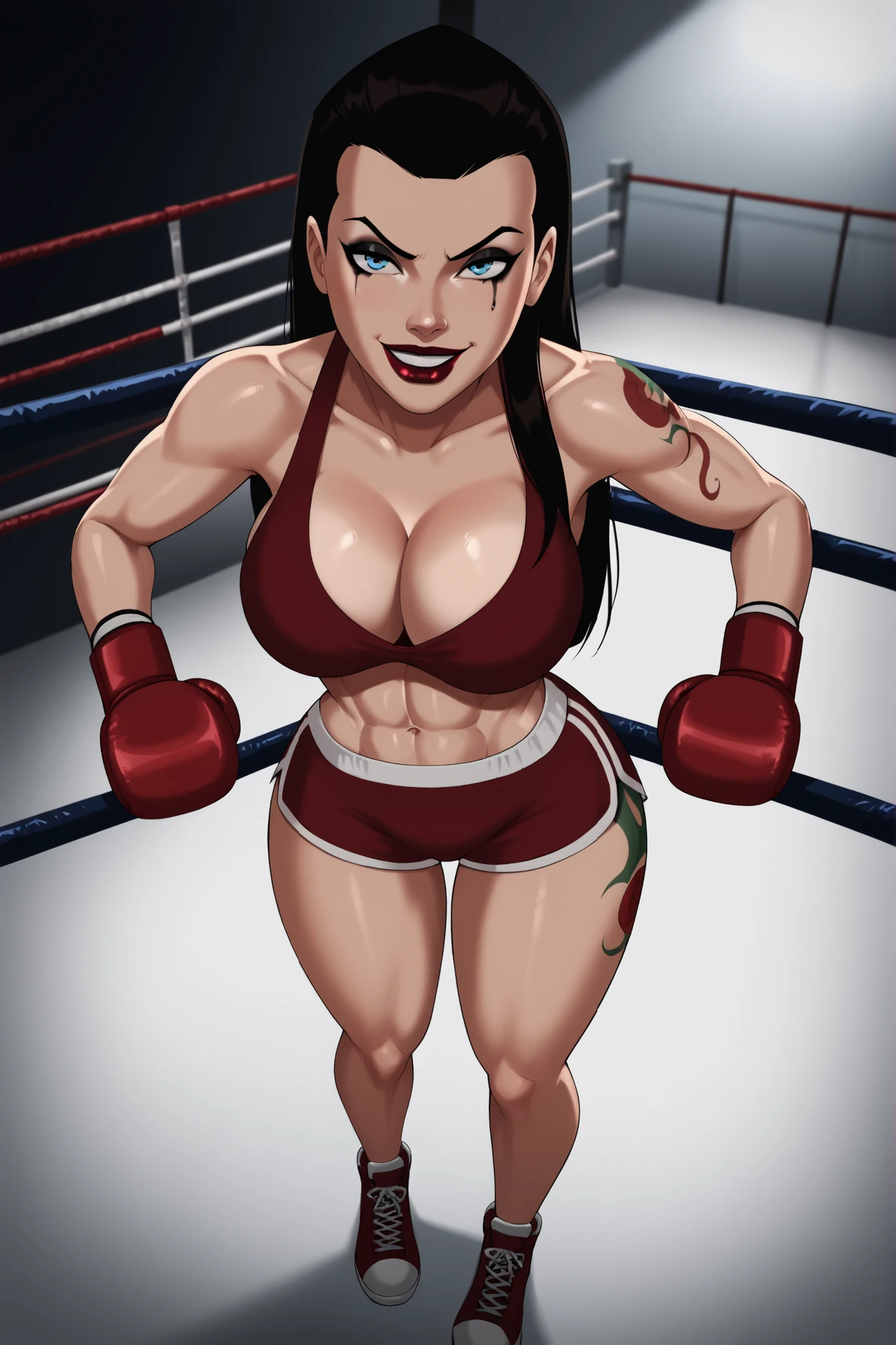 BREAK, score_9, score_8_up, score_7_up, score_6_up, Roulette, 1girl, solo, black hair, blue eyes, long hair, lipstick, makeup, very , cleavage, curvy, athletic, shoulder tattoo, thigh tattoo, looking at viewer, seducing viewer, teasing viewer, smile, closed mouth, expression, bedroom eyes, busty, ruby red top, ruby red workout shorts, ruby red boxing gloves, indoors, boxing ring, standing, portrait, closeup, upper body, high-angle view, black eyeshadow, black mascara, thick thighs, wide