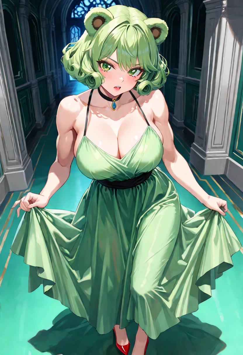 Mitsuri Kanroji in a short Mama Clous dress with a Christmas-style background, The dress is a little shorter and highlights her breasts, Mama Clous&#39;s dress is shorter, The dress is shorter and it is tight, very tight. 