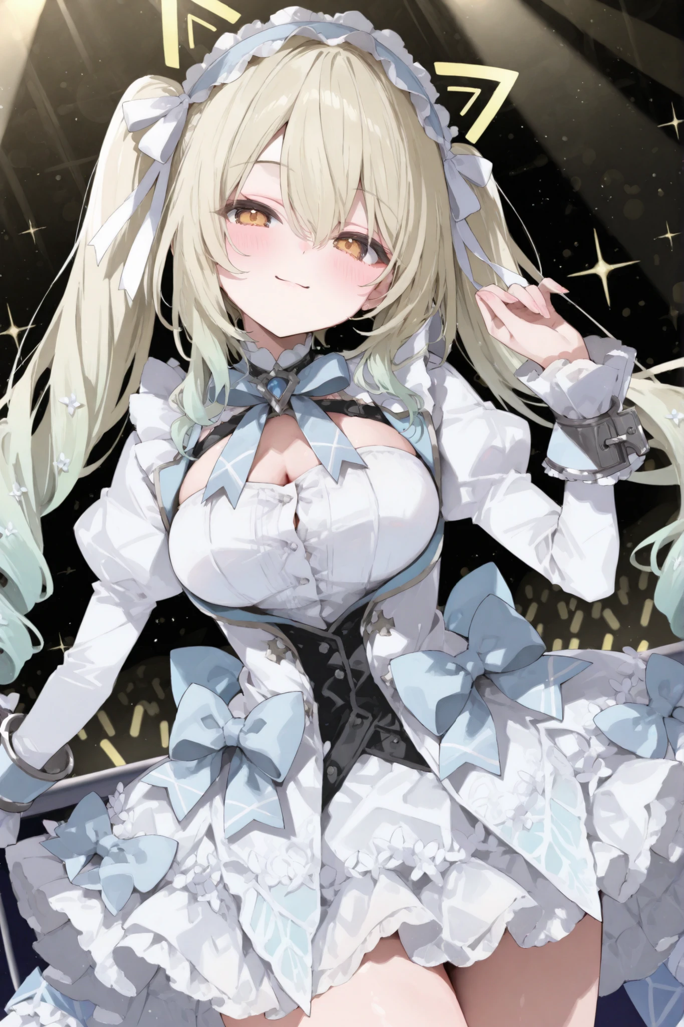 Smile Yan,very big bow on chest,(((Juliet Sleeves,big cuffs,mini dress))),lolita dress,cute idol stage pose