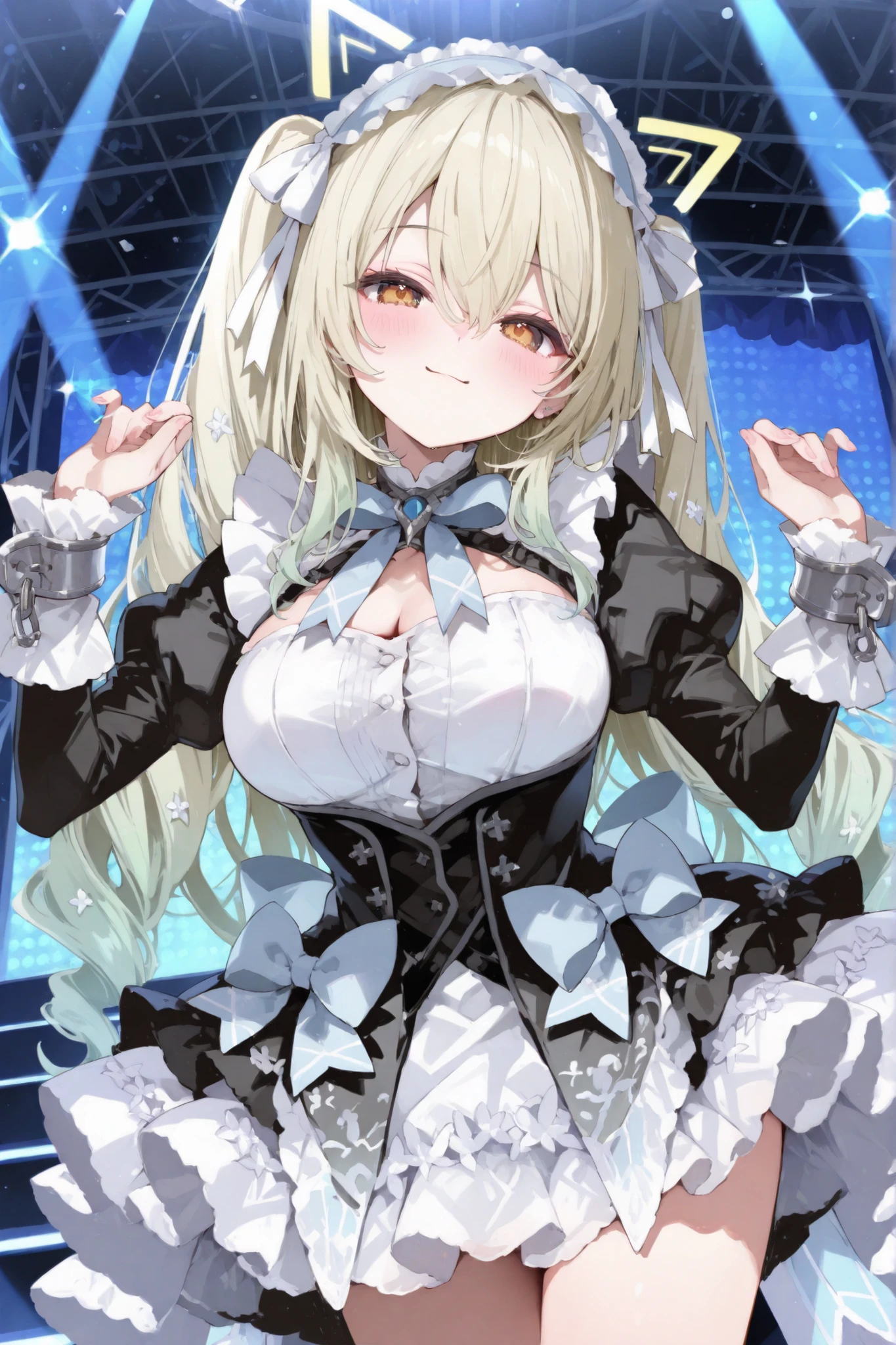 Smile Yan,very big bow on chest,(((Juliet Sleeves,big cuffs,mini dress))),lolita dress，cute idol stage pose