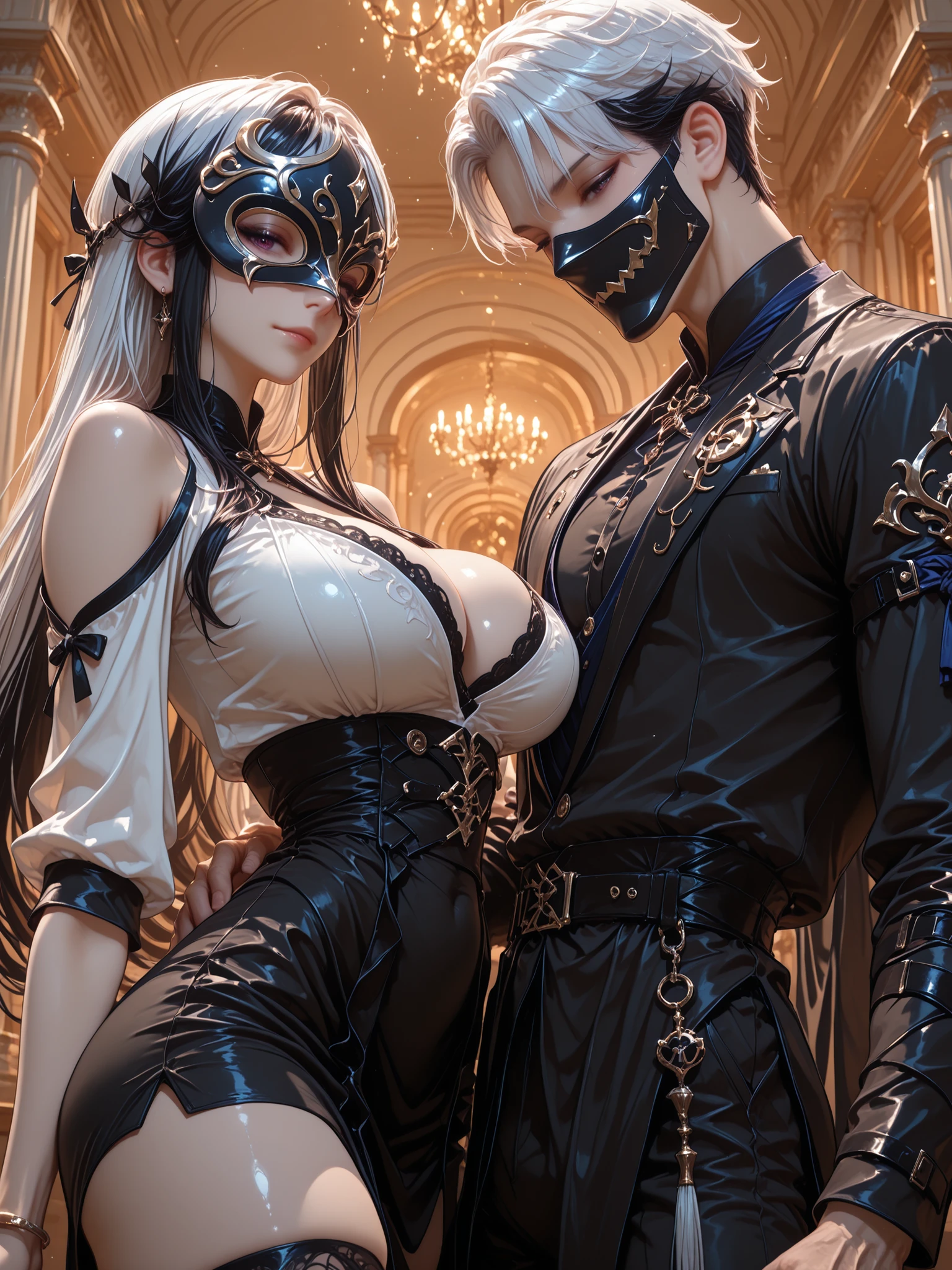 Beautiful Man and Woman Wearing a Mask,2,White Hair and Black Highlights, (((best quality))), (((8k))),