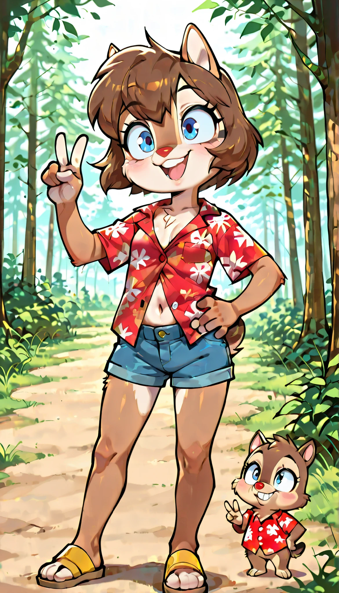 score_9, score_8_up, score_7_up, score_6_up,, hi_res, furry_source, absurdres, masterpiece, best quality, amazing quality, Chip'n Dale Rescue Rangers, 1girl, solo, alone, Femdale, furry, anthro, chipmunk girl, brown fur, blue eyes, chipmunk tail, red nose, brown hair, short hair, bangs, short body, short stature, ((red hawaiian shirt, claveage, one button fastened, denim shorts, sandals)), small breasts, navel, (very skinny:1.0), (Small, Short:1.1), (young cub:1.2), full body, feets with three toes, spread buckteeth, rural house with forest on background, adorable pose, standing, smile, open mouth, looking at you, one hand own hip, v, peace sign with one hand, from ahead,