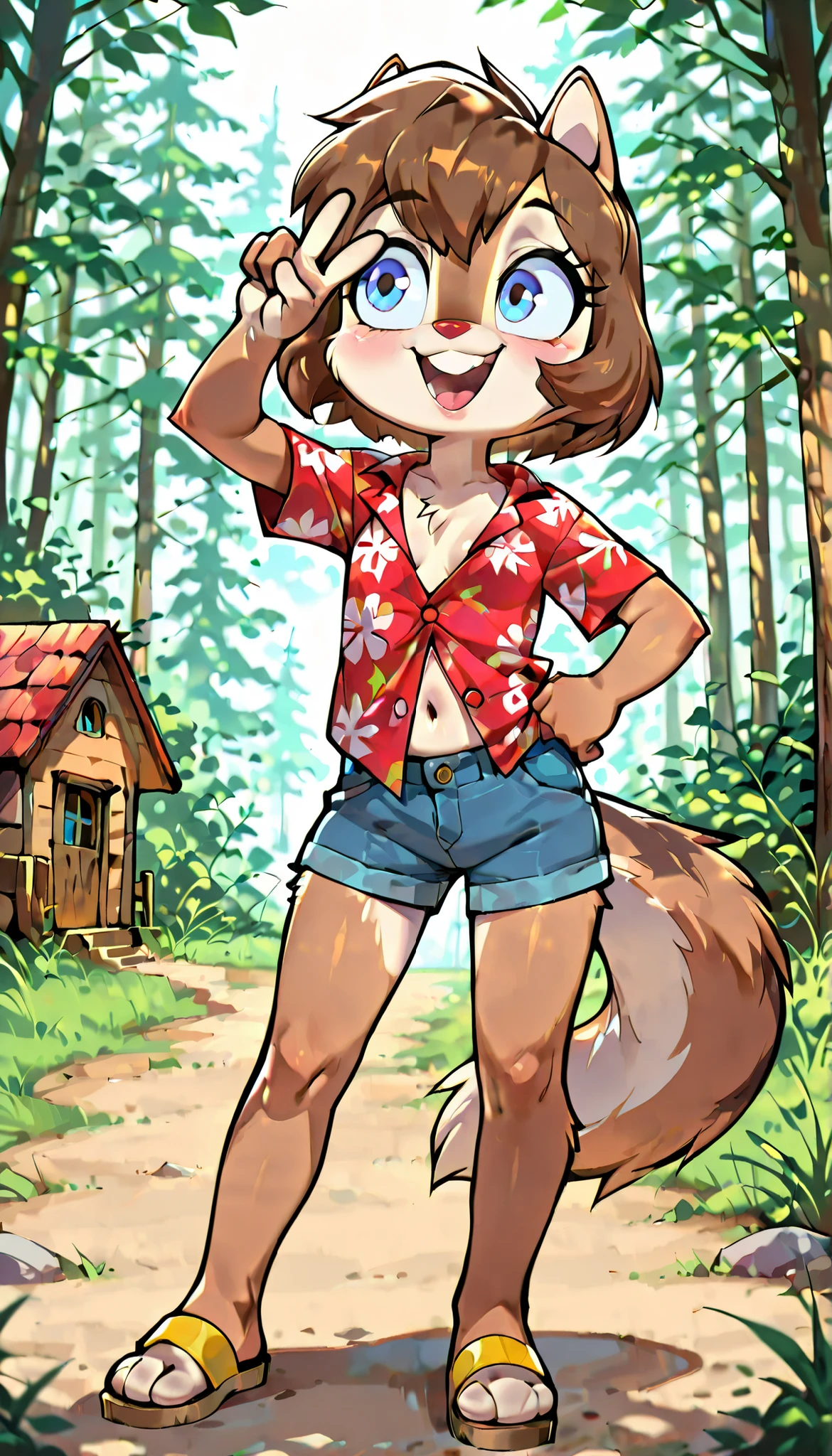 score_9, score_8_up, score_7_up, score_6_up,, hi_res, furry_source, absurdres, masterpiece, best quality, amazing quality, Chip'n Dale Rescue Rangers, 1girl, solo, alone, Femdale, furry, anthro, chipmunk girl, brown fur, blue eyes, chipmunk tail, red nose, brown hair, short hair, bangs, short body, short stature, ((red hawaiian shirt, claveage, one button fastened, denim shorts, sandals)), small breasts, navel, (very skinny:1.0), (Small, Short:1.1), (young cub:1.2), full body, feets with three toes, spread buckteeth, rural house with forest on background, adorable pose, standing, smile, open mouth, looking at you, one hand own hip, v, peace sign with one hand, from ahead,