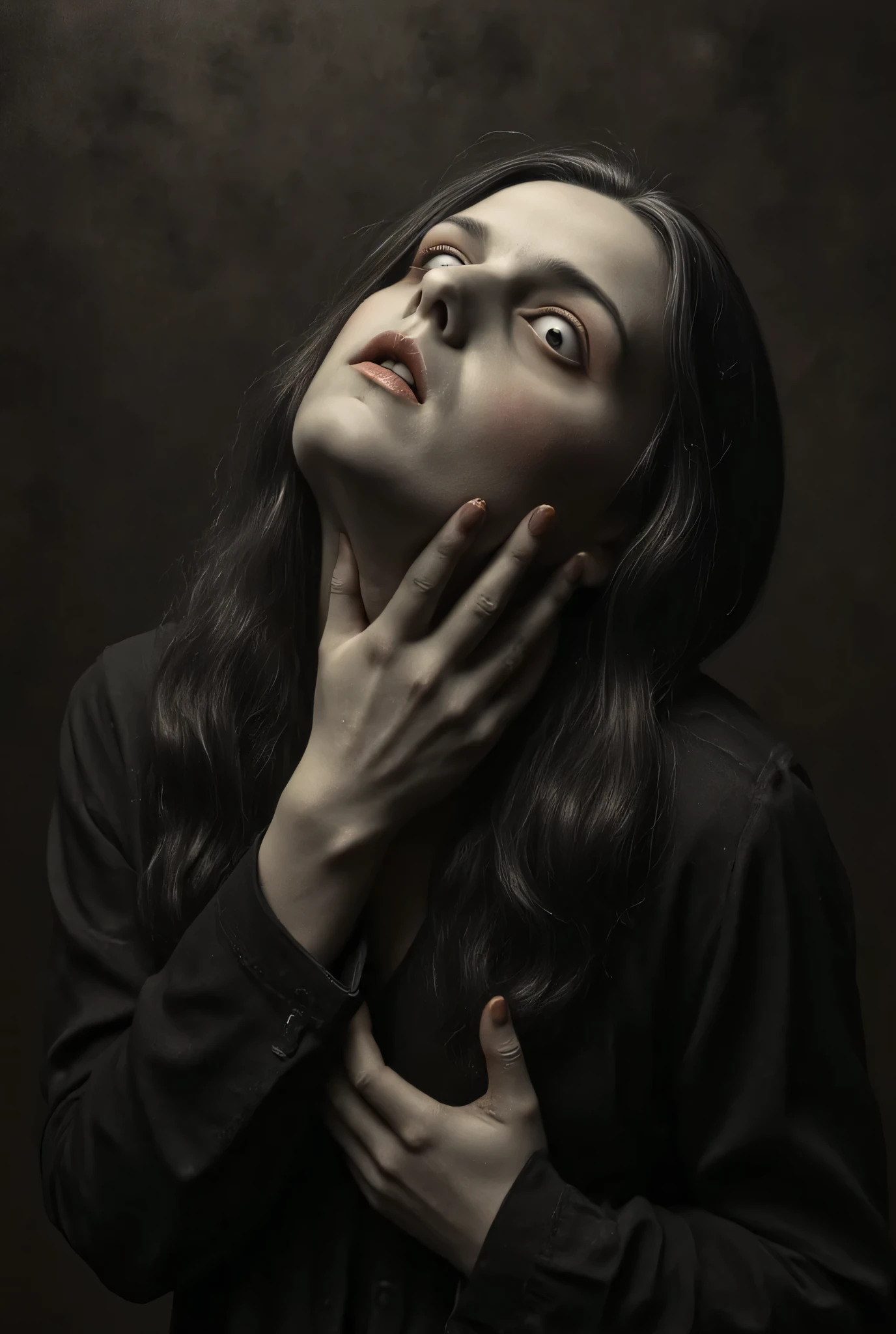 Eyeless subjects, classical portraiture, chilling horror theme::1.9, grotesque distortions, eerie silence, gothic aesthetics, shadowed corners, darkly romantic, macabre detailing, grim reality, style of Francis Bacon, echoes of Zdzisław Beksiński