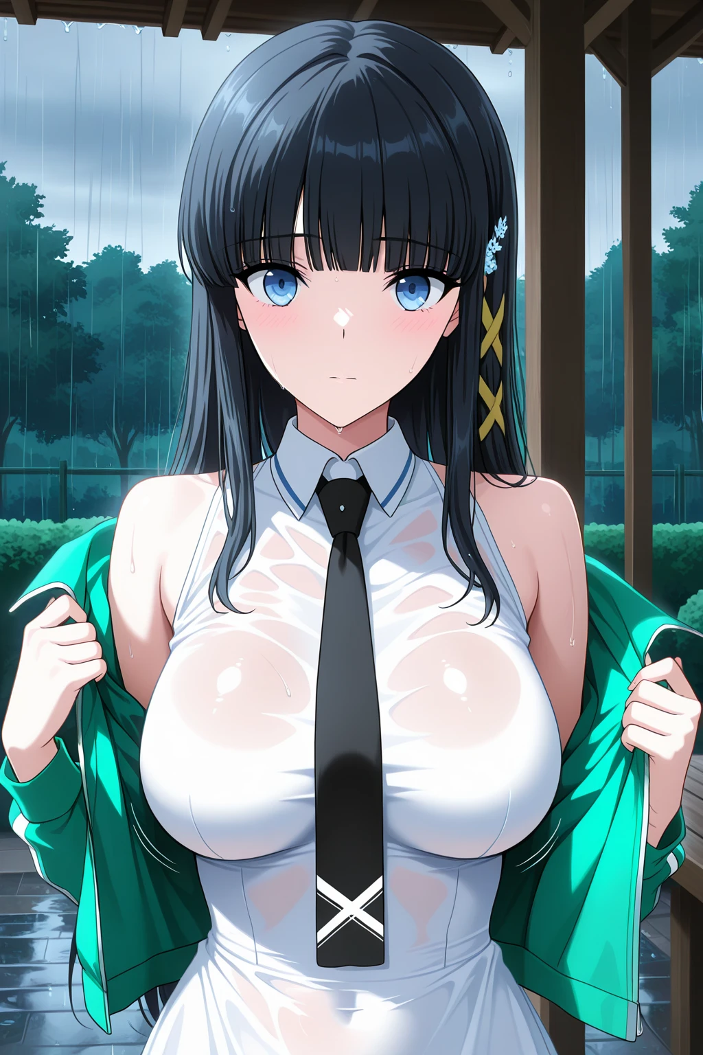 very huge ????, ????, ???????, ?????, crying, Naoha Kirigaya(sword art online), 1girl, bob hair, black hair, hairclip, ​masterpiece, green eyes, top-quality, A ????、school、dynamic angle, view at camera, half body, open mouth,