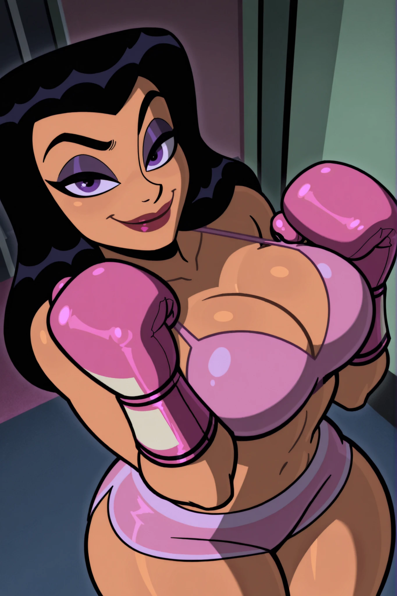BREAK, score_8_up, score_7_up, score_6_up, score_9, h00nt33s 1girl, solo, long hair, very large breasts, smile, black hair, purple eyes, makeup, lipstick, cleavage, curvy, athletic, looking at viewer, seducing viewer, teasing viewer, indoors, boxing ring, standing, seductive expression, bedroom eyes, busty, pink bikini top, pink workout shorts, pink boxing gloves, portrait, upper body, closeup, high-angle view, dark purple eyeshadow, black mascara, thick thighs, wide hips