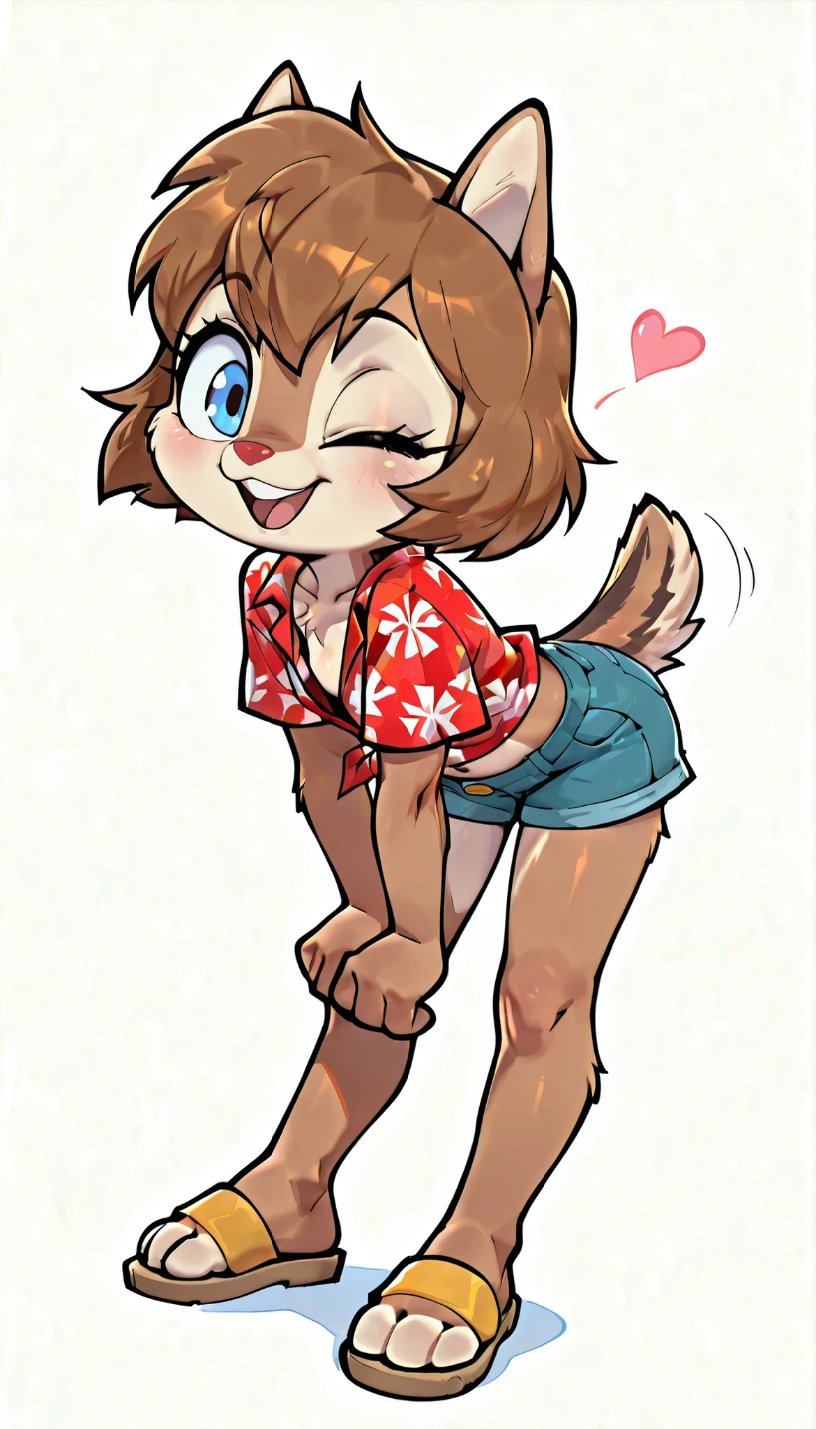 score_9, score_8_up, score_7_up, score_6_up,, hi_res, furry_source, absurdres, masterpiece, best quality, amazing quality, Chip'n Dale Rescue Rangers, 1girl, solo, alone, Femdale, furry, anthro, chipmunk girl, brown fur, blue eyes, chipmunk tail, red nose, brown hair, short hair, bangs, short body, short stature, ((red hawaiian shirt, denim shorts, sandals)), small breasts, navel, (very skinny:1.0), (Small, Short:1.1), (young cub:1.2), full body, feets with three toes, spread buckteeth, white background, simple background, adorable pose, one leg up, standing, heart with hands, smile, open mouth, wink, one eye closed, leaning forward, seductive stare,