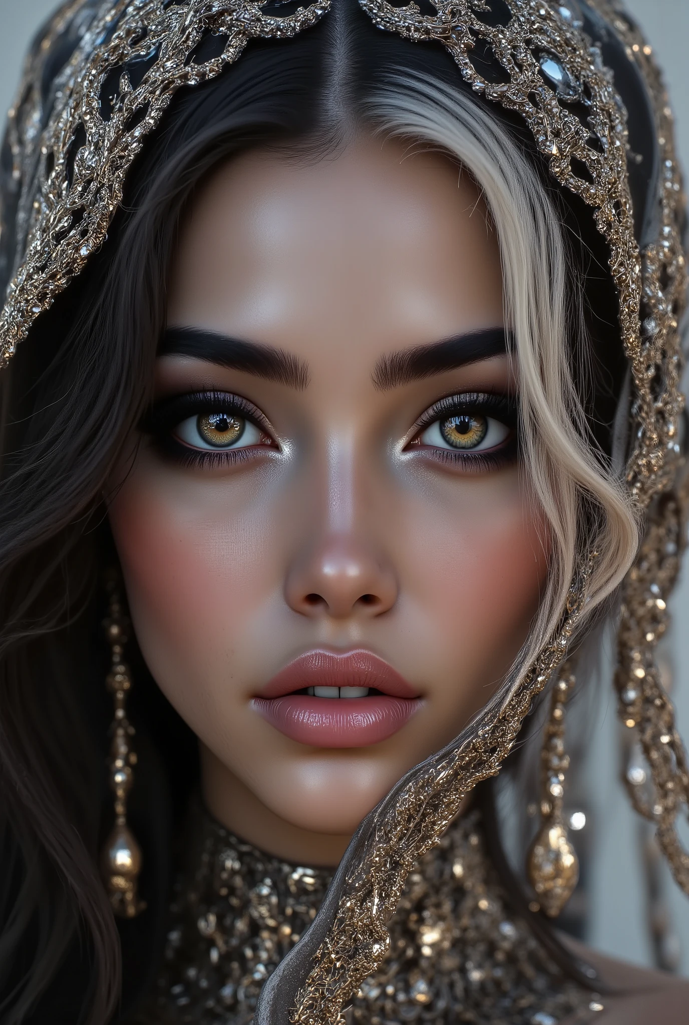 Portrait of an Arab princess, fairy tale image, Fantastic backgrounds, magical atmosphere, she has a veil-mask and falling fringes (gold-chaining) cover the lower part of the face:1.33, Ultra-realistic (photorealistic Realism), (ultra realistic texture details: velvety skin, hair), (dark hair (short hair)((slicked to one side)), Intricately detailed:1.3),(Key Directive: - ("The priority is the anatomical accuracy and texture of the materials" - "Ultra-sharp human eyes with biological accuracy") { "Eyes: (acid-resistant terminology) (macro-details:1 . 5): * Moist corneal surface (visible aqueous layer:1 . 2) * Hyper-detailed iris stroma ((brown) with gold flecks) * Precise limbal ring (slightly darker pigmentation:1 . 22) * Pupil micro-texture (irregular edge authenticity:0 . 9) * Vasculature in sclera (subtle red veins radiating from limbus)" - "Lashes: blue individual synthetic fibers (crosshatched roots:1 . 2 , clump-free separation)" Technical Specs: (Optics: - "Zeiss Otus85mm f/1 . 4 lens (eye refraction calculations:1 . 3)" - "Shutter Speed:1/500 (freeze eye micro-movements)" - "Focus Stacking:7-point coverage on iris plane"), ((blonde hair (very short hair:1.45)((slicked to one side:1.4)), intricately details:1.41), (Post-Processing: - "Frequency separation for skin vs eye details" - "Selective sharpening: eyes170% , hair150%" - "Denoise: luminance20 , color35 (retain corneal speculars)") (Avoid: "pupil distortion , uncanny valley asymmetry , plastic-like wetness")