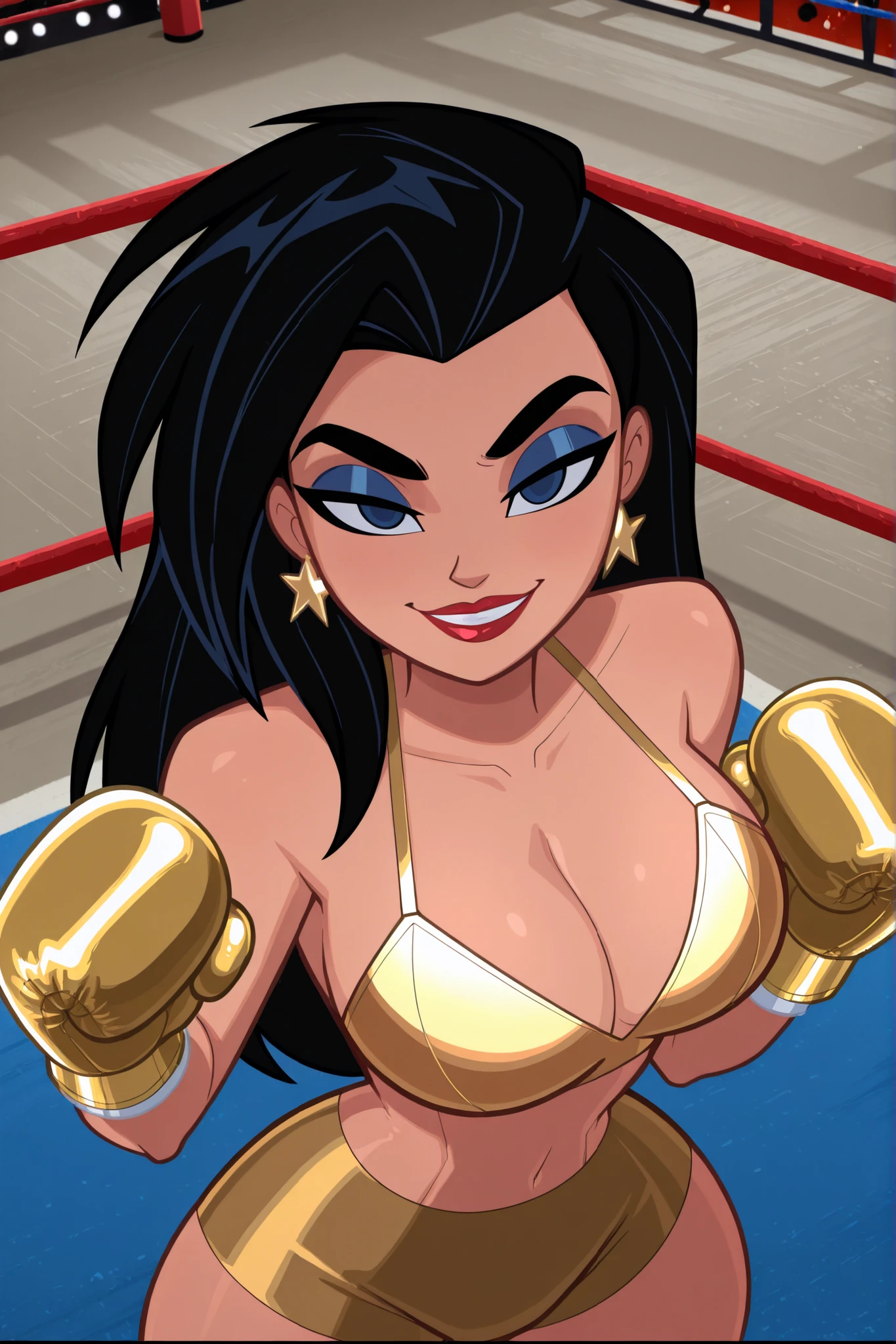 BREAK, score_6_up, score_9, score_8_up, score_7_up, ultra quality, solo, 1girl, wonderwomanjla, long hair, black hair, bare shoulders, jewelry, earrings, busty, gold bikini top,  gold workout shorts, gold boxing gloves, makeup, lipstick, star earrings, looking at viewer, seducing viewer, teasing viewer, smiling, seductive expression, bedroom eyes, athletic, very large breasts, cleavage, curvy, narrow waist, upper body, portrait, screencap, indoors, boxing ring, standing, high-angle view, closeup, midriff, blue eyeshadow, black mascara, thick thighs, wide hips
