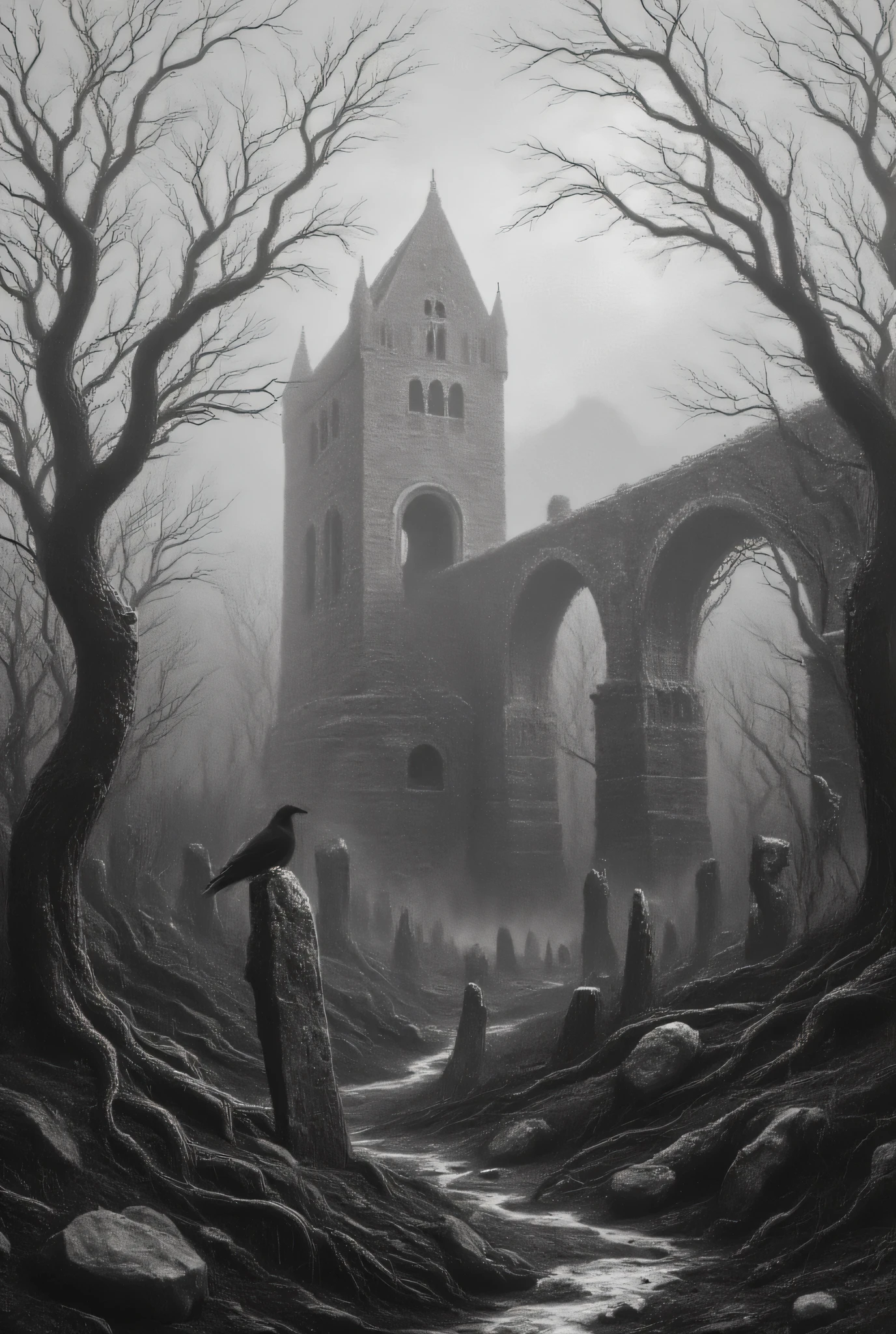 Monochrome landscape, crumbling stone bridge, by H. R. Van Dongen, lonely crow, barren trees, ancient castle ruins::2.2, haunting mist, faded grandeur, stark realism, whispering wind, dried riverbed, distant mountains, eerie silence, desolate beauty, timeweathered gravestones