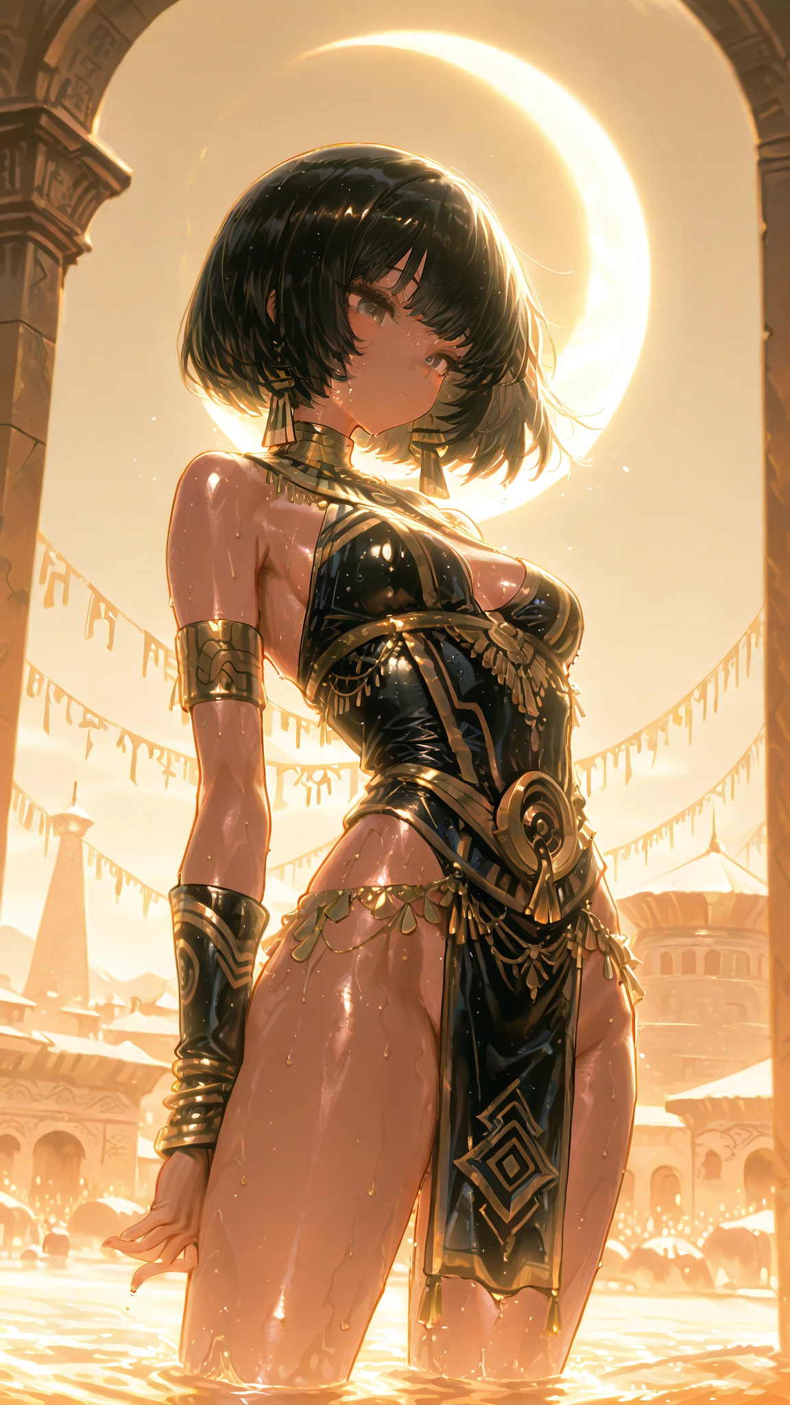 Ankha, with brown hair, ?????? ears, a short haircut, and a devastated city backdrop in an apocalyptic setting, exudes elegance. She wears a crown, adding an air of regality, and looks truly noble amidst the destruction