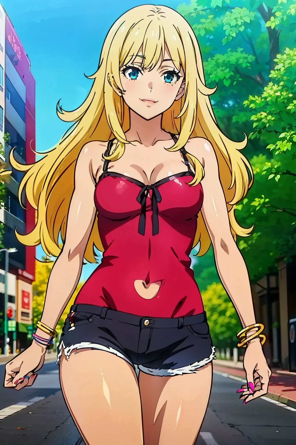 (masterpiece, best quality, high resolution, 8k:1.2), (anime coloring, official art:1.3), highly detailed CG Unity 8K wallpaper, perfect Lighting, colorful, bright_front_face_lit, shiny skin, high resolution, 4k, Super detailed, photo shoot, 8K, HDR, High resolution, (disorganized:1.2), kodak portrait 400, film grain, blurred background, (Bokeh:1.2), Lens flare, (lively_color:1.2), (perfect face, perfect eye), perfect body,  beautiful body, beautiful skin, beautiful breasts, beautiful legs, beautiful hands, beautiful face, beautiful eyes, symmetrical eyes, (1 girl), (realistic face:1.2), (smile), (mature face, natural lips:1.2), (slim, lanky), (tanned skin:1.1), (gal makeup, false eyelashes, pink gradient eyeshadow:1.2), (long hair), (wavy hair:1.3),(small breast:1.2), (fingernails, nail polish), (collarbone, camisole, navel, shorts, bracelet, jewelry, boots, gal fashion), (japanese city, shibuya city, day, blue sky), (cowboy shot:1.2), smile, (looking at viewer), dutch angle, subtle fine shimmer, seamless blend, two-tone layered eyeshadow technique, 