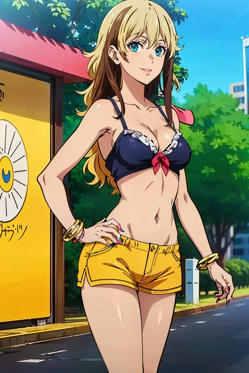 (masterpiece, best quality, high resolution, 8k:1.2), (anime coloring, official art:1.3), highly detailed CG Unity 8K wallpaper, perfect Lighting, colorful, bright_front_face_lit, shiny skin, high resolution, 4k, Super detailed, photo shoot, 8K, HDR, High resolution, (disorganized:1.2), kodak portrait 400, film grain, blurred background, (Bokeh:1.2), Lens flare, (lively_color:1.2), (perfect face, perfect eye), perfect body, beautiful body, beautiful skin, beautiful breasts, beautiful legs, beautiful hands, beautiful face, beautiful eyes, symmetrical eyes, (1 girl), (realistic face:1.2), (smile), (mature face, natural lips:1.2), (slim, lanky), (tanned skin:1.1), (gal makeup, false eyelashes, pink gradient eyeshadow:1.2), (long hair), (wavy hair:1.3),(small breast:1.2), (fingernails, nail polish), (collarbone, camisole, navel, shorts, bracelet, jewelry, boots, gal fashion), (japanese city, shibuya city, day, blue sky), (cowboy shot:1.2), smile, looking at viewer, dutch angle, subtle fine shimmer, seamless blend, two-tone layered eyeshadow technique,