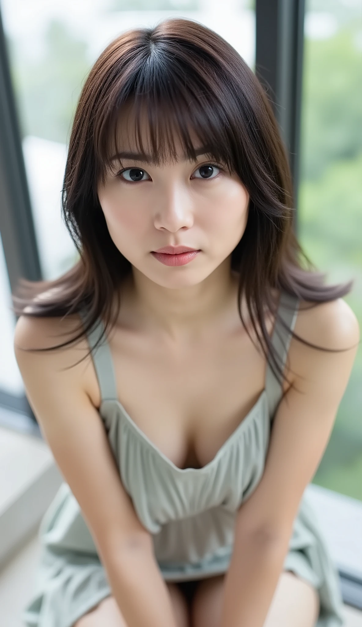 live-action、shot with a Canon EOS R5, 50mm lens, f/2.8 apertur、(masterpiece,best quality:1.4)、Highest Quality、ultra high res、8K、bright room、chair in the building on the edge、Emphasize the cleavage,(leaning forward:1.3), (hands on knees:1.3)、front view、Full body photo、chair、Basic bra、pleated trim、rose print、(poses that accentuate cleavage:1.5)、Smile Yan、black haired 、straight semi-long、shiny hair、have bangs、(slender style:1.3)、(huge breasts:1.5)、a different color bra every time I take a picture、zettai ryouiki、tight skirt、midi skirt、pulling down strap, strap slip、strap gap、Seductively Posing