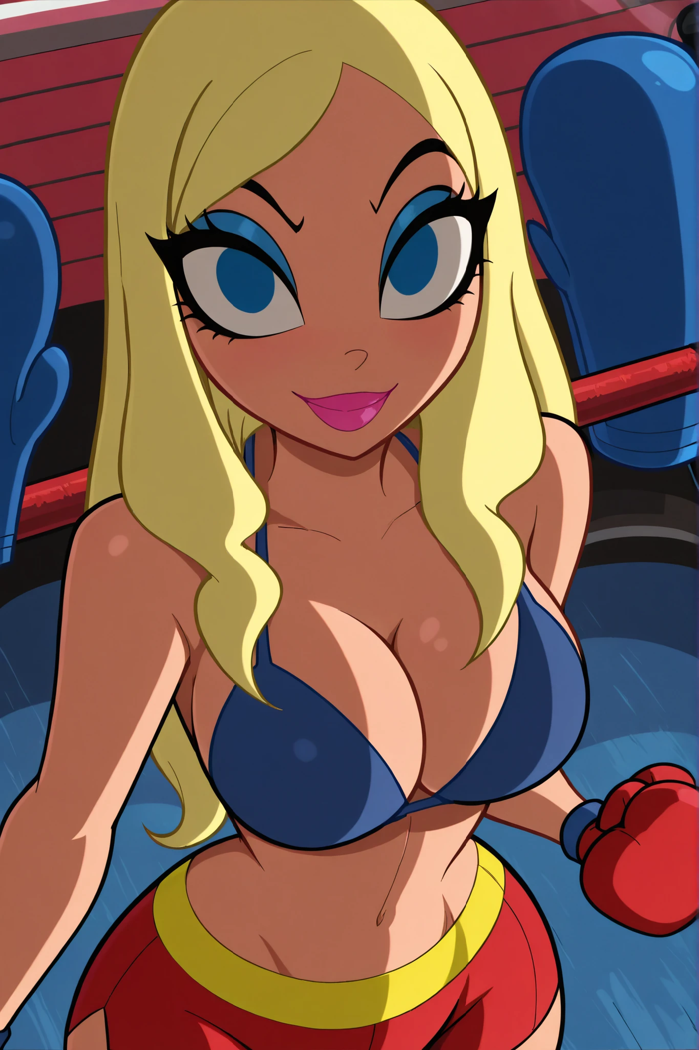BREAK, score_6_up, score_7_up, score_8_up, score_9, masterpiece, best quality, amazing quality, SGJLA, 1girl, solo, blonde hair, blue eyes, pink lipstick, long hair, makeup, very large breasts, busty, cleavage, curvy, athletic, looking at viewer, seducing viewer, teasing viewer, seductive expression, smiling, closed mouth, bedroom eyes, dark blue bikini top, dark red workout shorts, dark blue boxing gloves, indoors, boxing ring, standing, closeup, portrait, upper body, high-angle view, blue eyeshadow, black mascara, thick thighs, wide hips
