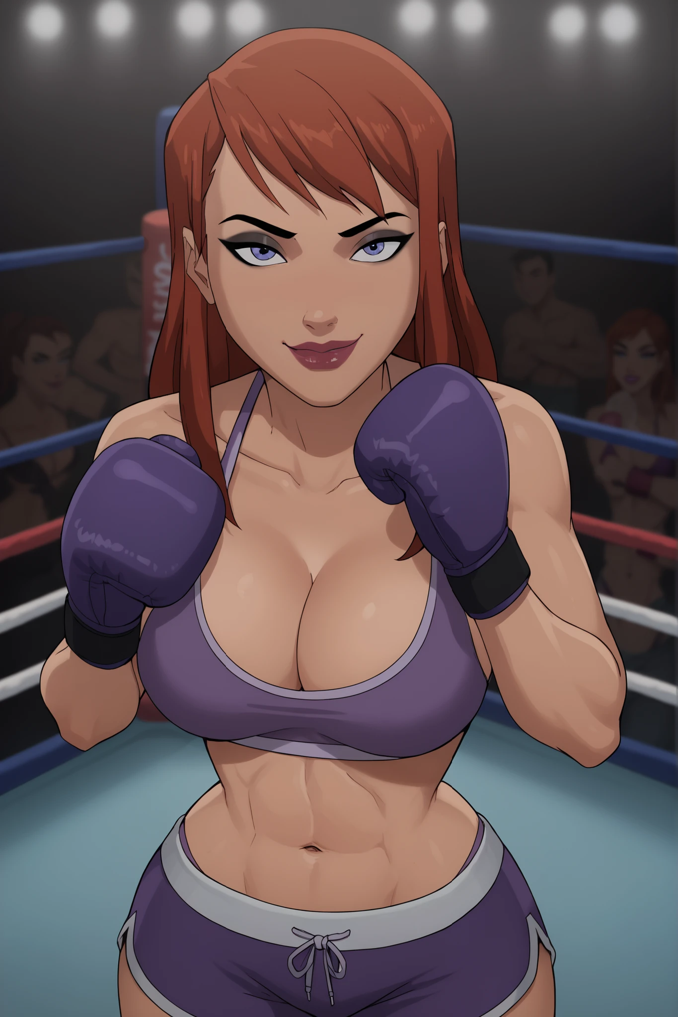 BREAK, score_6_up, score_9_up, score_8_up, score_7_up, 1girl, solo, barbara gordon, ginger hair, long hair, blue eyes, lipstick, makeup, very large breasts, cleavage, curvy, athletic, busty, purple bikini top, purple workout shorts, purple boxing gloves, looking at viewer, seducing viewer, teasing viewer, smiling, closed mouth, seductive expression, bedroom eyes, indoors, boxing ring, standing, best quality, high quality, portrait, upper body, closeup, high-angle view, black eyeshadow, black mascara, thick thighs, wide hips 