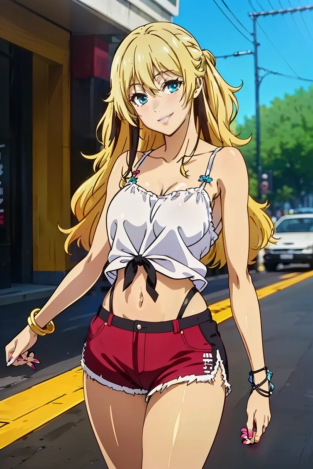 (masterpiece, best quality, high resolution, 8k:1.2), (anime coloring, official art:1.3), highly detailed CG Unity 8K wallpaper, perfect Lighting, colorful, bright_front_face_lit, shiny skin, high resolution, 4k, Super detailed, photo shoot, 8K, HDR, High resolution, (disorganized:1.2), kodak portrait 400, film grain, blurred background, (Bokeh:1.2), Lens flare, (lively_color:1.2), (perfect face, perfect eye), perfect body, beautiful body, beautiful skin, beautiful breasts, beautiful legs, beautiful hands, beautiful face, beautiful eyes, symmetrical eyes, (1 girl), (realistic face:1.2), (smile), (mature face, natural lips:1.2), (slim, lanky), (tanned skin:1.1), (gal makeup, false eyelashes, pink gradient eyeshadow:1.2), (long hair), (wavy hair:1.3),(small breast:1.2), (fingernails, nail polish), (collarbone, camisole, navel, shorts, bracelet, jewelry, boots, gal fashion), (japanese city, shibuya city, day, blue sky), (cowboy shot:1.2), smile, looking at viewer, dutch angle, subtle fine shimmer, seamless blend, two-tone layered eyeshadow technique,