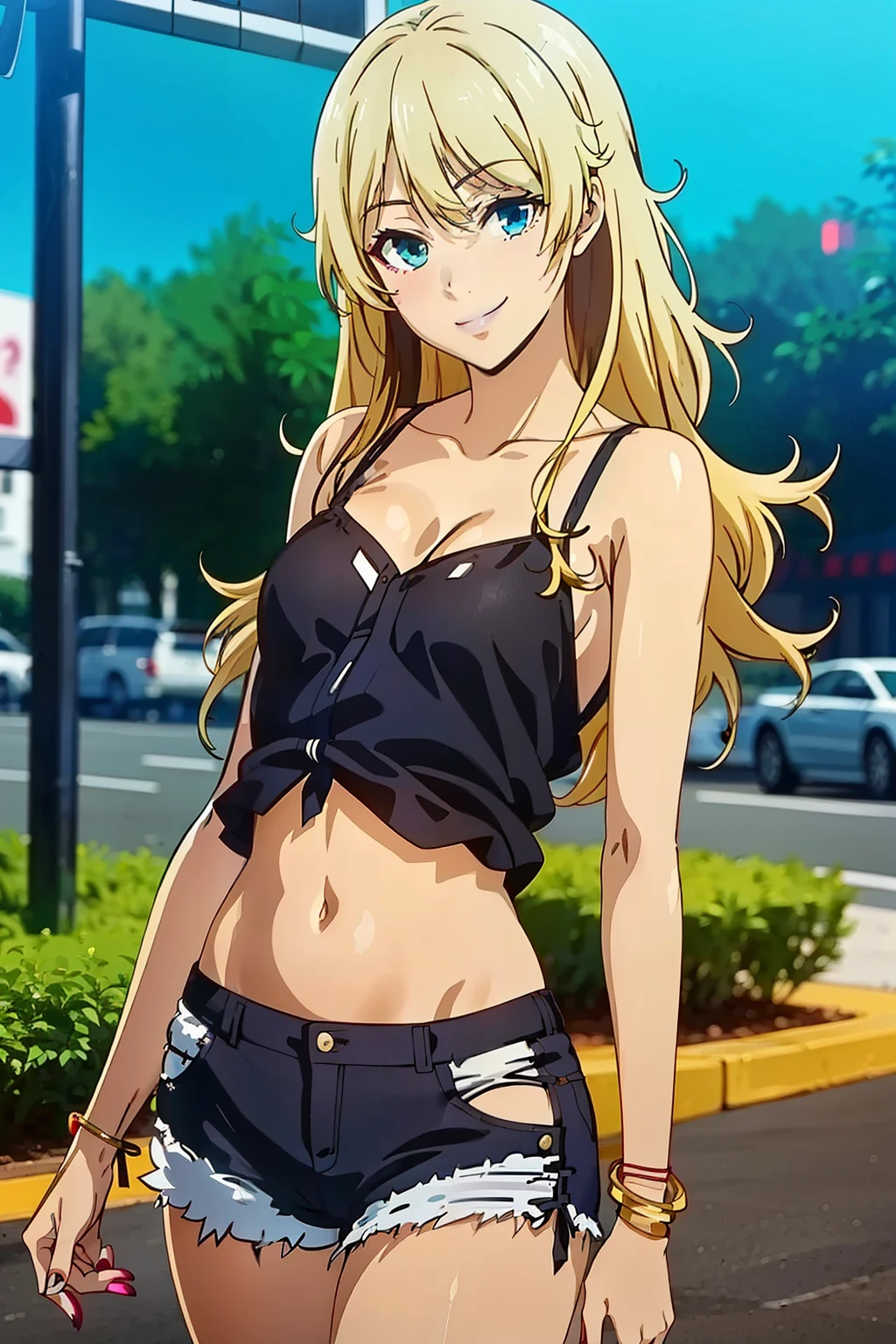 (masterpiece, best quality, high resolution, 8k:1.2), (anime coloring, official art:1.3), highly detailed CG Unity 8K wallpaper, perfect Lighting, colorful, bright_front_face_lit, shiny skin, high resolution, 4k, Super detailed, photo shoot, 8K, HDR, High resolution, (disorganized:1.2), kodak portrait 400, film grain, blurred background, (Bokeh:1.2), Lens flare, (lively_color:1.2), (perfect face, perfect eye), perfect body, beautiful body, beautiful skin, beautiful breasts, beautiful legs, beautiful hands, beautiful face, beautiful eyes, symmetrical eyes, (1 girl), (realistic face:1.2), (small eyes:1.2), (smile), (mature face, natural lips:1.2), (slim, lanky), (tanned skin:1.1), (gal makeup, false eyelashes, pink gradient eyeshadow:1.2), (long hair), (wavy hair:1.3),(small breast:1.2), (fingernails, nail polish), (collarbone, camisole, navel, shorts, bracelet, jewelry, boots, gal fashion), (japanese city, shibuya city, day, blue sky), (cowboy shot:1.2), smile, looking at viewer, dutch angle, subtle fine shimmer, seamless blend, two-tone layered eyeshadow technique,
