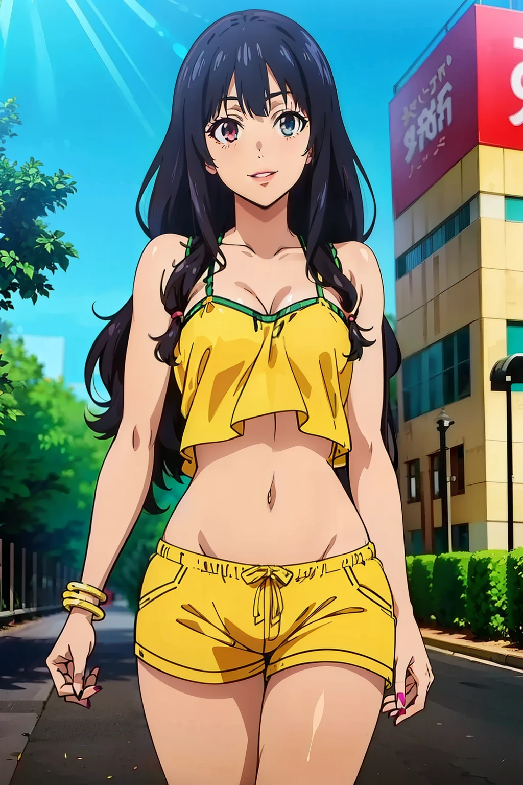 (masterpiece, best quality, high resolution, 8k:1.2), (anime coloring, official art:1.3), highly detailed CG Unity 8K wallpaper, perfect Lighting, colorful, bright_front_face_lit, shiny skin, high resolution, 4k, Super detailed, photo shoot, 8K, HDR, High resolution, (disorganized:1.2), kodak portrait 400, film grain, blurred background, (Bokeh:1.2), Lens flare, (lively_color:1.2), (perfect face, perfect eye), perfect body,  beautiful body, beautiful skin, beautiful breasts, beautiful legs, beautiful hands, beautiful face, beautiful eyes, symmetrical eyes, (1 girl), (small eyes:1.3), (realistic face:1.2), (smile), (mature face, natural lips:1.2), (slim, lanky), (tanned skin:1.1), (gal makeup, false eyelashes, pink gradient eyeshadow:1.2), (long hair), (wavy hair:1.3),(small breast:1.2), (fingernails, nail polish), (collarbone, camisole, navel, shorts, bracelet, jewelry, boots, gal fashion), (japanese city, shibuya city, day, blue sky), (cowboy shot:1.2), smile, (looking at viewer), dutch angle, subtle fine shimmer, seamless blend, two-tone layered eyeshadow technique, 