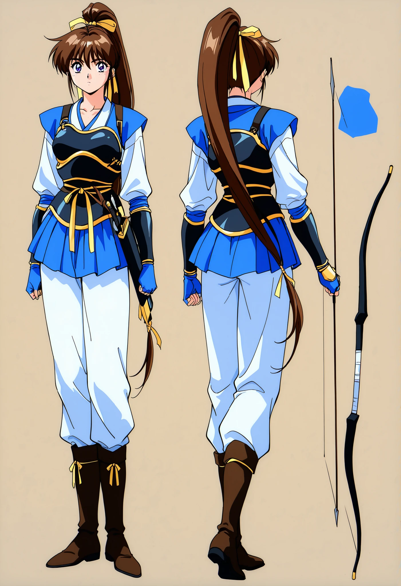 score_9, score_8_up, score_7_up,anime_screenshot,OFFICIAL ART,anime coloring, Balanced upper and lower body structure,masterpiece, Highest Quality, Amazing Quality, uncensored,1990s \(style\),BREAK,1girl,solo, Amatsu_Ai, brown hair, ponytail, very long hair, ribbon, hair ribbon, hair bow, breasts, blue eyes, bangs, purple eyes, high ponytail, full body,BREAK, hagoromo, blue gloves, fingerless gloves,sash, skirt, japanese clothes, obi, thighs, collarbone, blue skirt,(pants:1.3),((breastplate,gauntlet,boots)),bow (weapon),quiver,short sword,BREAK,standing,arms on side,multiple views of the same character,model sheet,chatacter sheet,forward view , back view