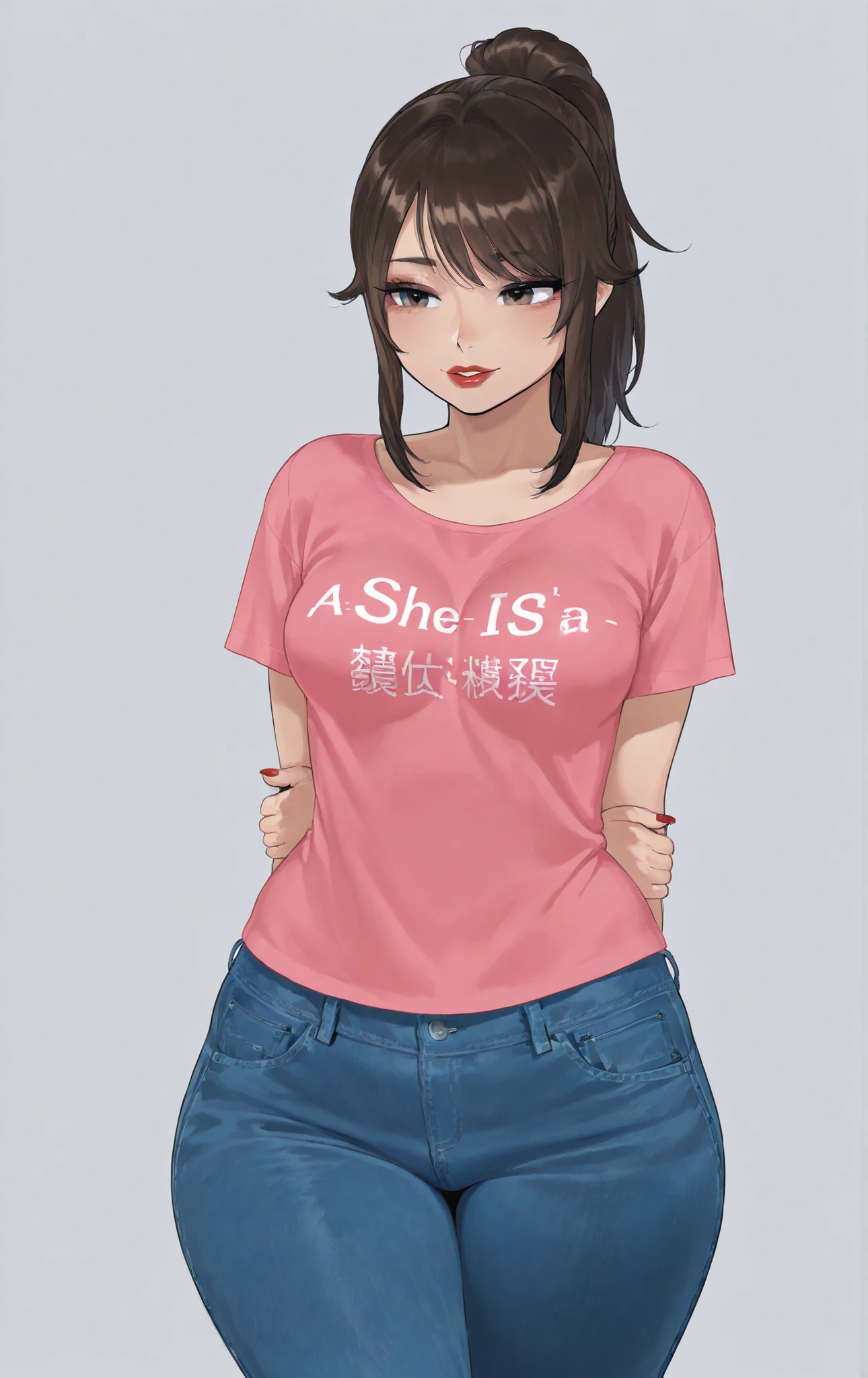 1 woman (Ayano) Medium breasts, medium hips, wearing everyday clothes, jeans and a pink t-shirt, she is in a background like a Japanese college student, she is crossing her arms, Big hips, red lipstick, ponytail,