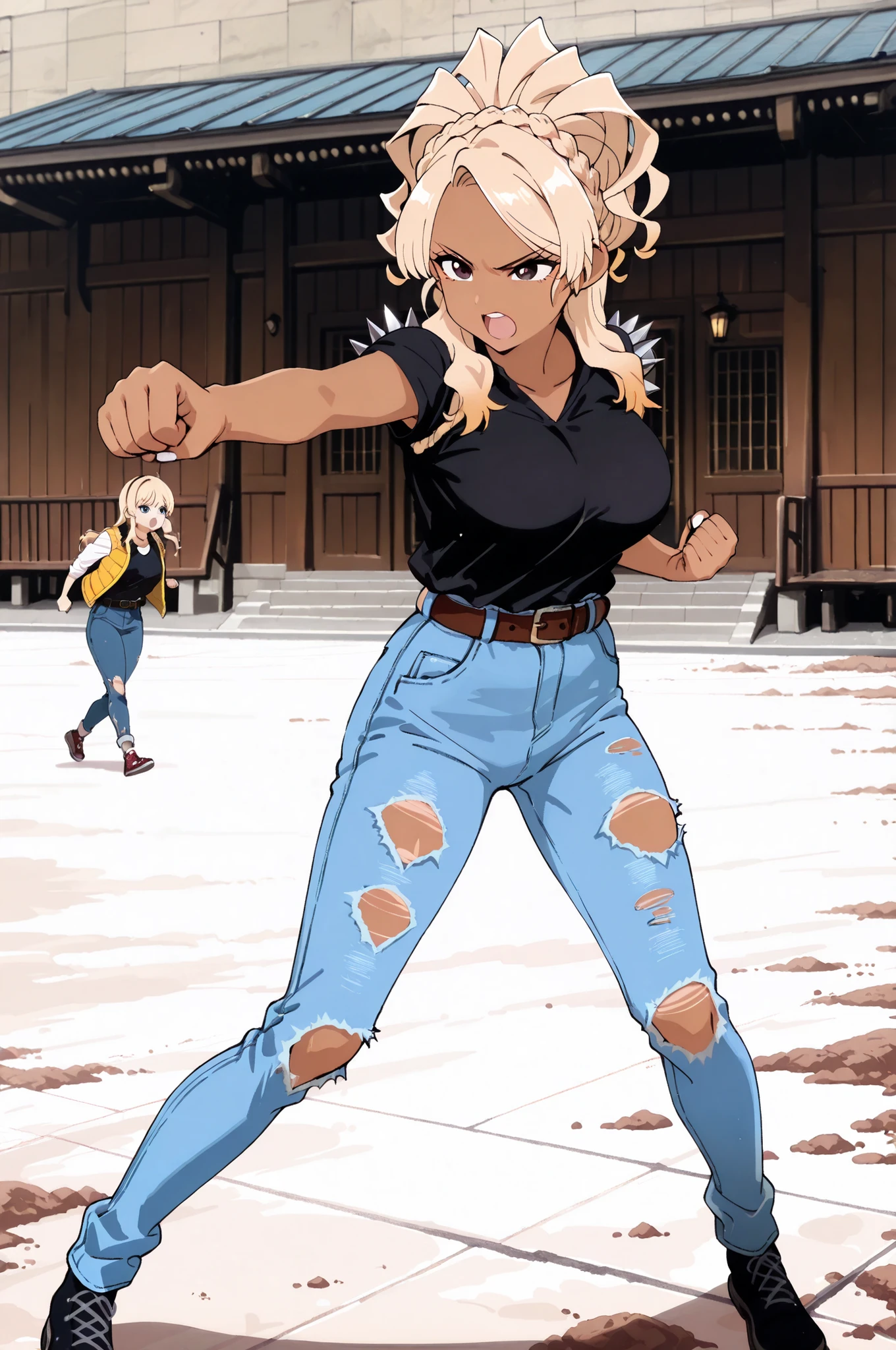 1cute girl,solo,alone,yamamotowz,blonde hair, brown eyes, crown braid, , gyaru, dark skin, dark-skinned female,　flat color,anime style,wide shot,
1girl,loli face,blonde hair,spiked hair,forehead, blue eyes,
medium breasts,detailed hair,detailed eyes,
torn vest,black shirt,spiked shoulder armor,belt,torn pants,
incoming punch,battle,aggressive expression,
dust,incoming attack,
lazypos,HDR, SmoothNoob_Quality, usnr,

