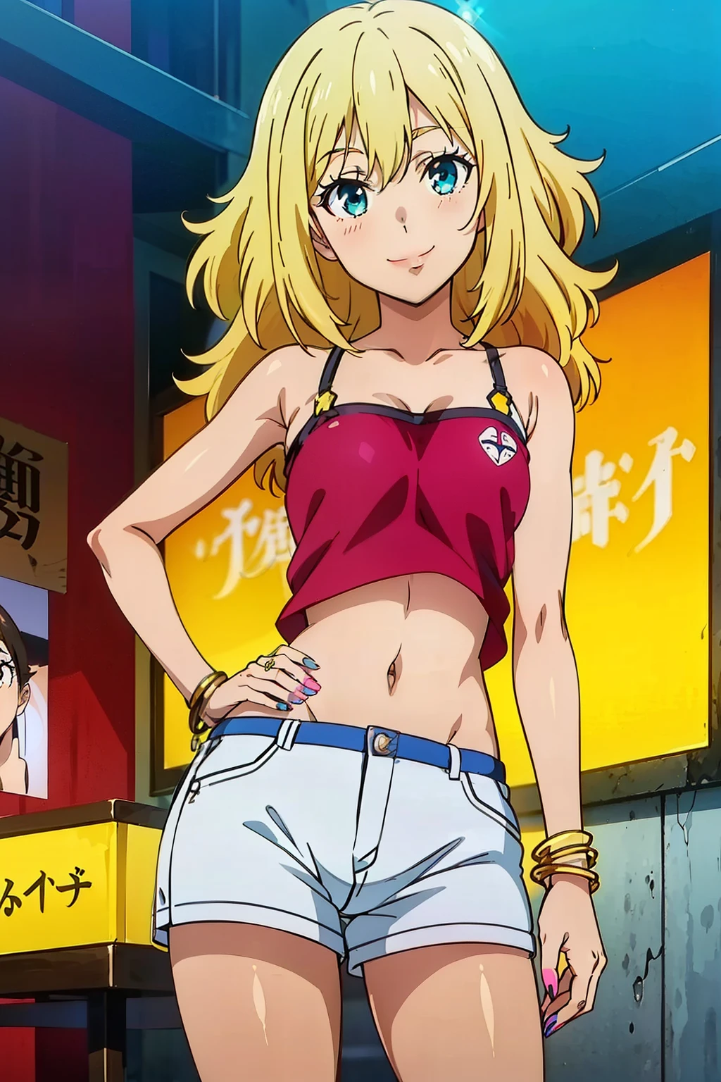 (masterpiece, best quality, high resolution, 8k:1.2), (anime coloring, official art:1.3), highly detailed CG Unity 8K wallpaper, perfect Lighting, colorful, bright_front_face_lit, shiny skin, high resolution, 4k, Super detailed, photo shoot, 8K, HDR, High resolution, (disorganized:1.2), kodak portrait 400, film grain, blurred background, (Bokeh:1.2), Lens flare, (lively_color:1.2), (perfect face, perfect eye), perfect body,  beautiful body, beautiful skin, beautiful breasts, beautiful legs, beautiful hands, beautiful face, beautiful eyes, symmetrical eyes, (1 girl), (small eyes:1.3), (realistic face:1.2), (smile), (slim, lanky), (tanned skin:1.1), (gal makeup, false eyelashes, pink gradient eyeshadow:1.2), (long hair), (wavy hair:1.3),(small breast:1.2), (fingernails, nail polish), (collarbone, camisole, navel, shorts, bracelet, jewelry, boots, gal fashion), (japanese city, shibuya city, day, blue sky), (cowboy shot:1.2), smile, (looking at viewer), dutch angle, subtle fine shimmer, seamless blend, two-tone layered eyeshadow technique, 