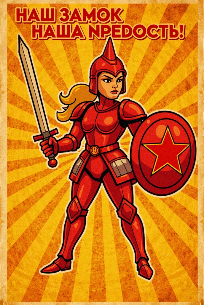 Front view of A beautiful Indonesian lady with ponytail hairstyle, wear black and red shiny heavy armor and protective legs, holding a shiny gold samurai and big shield, walking in gladiator arena. Ultra Hd