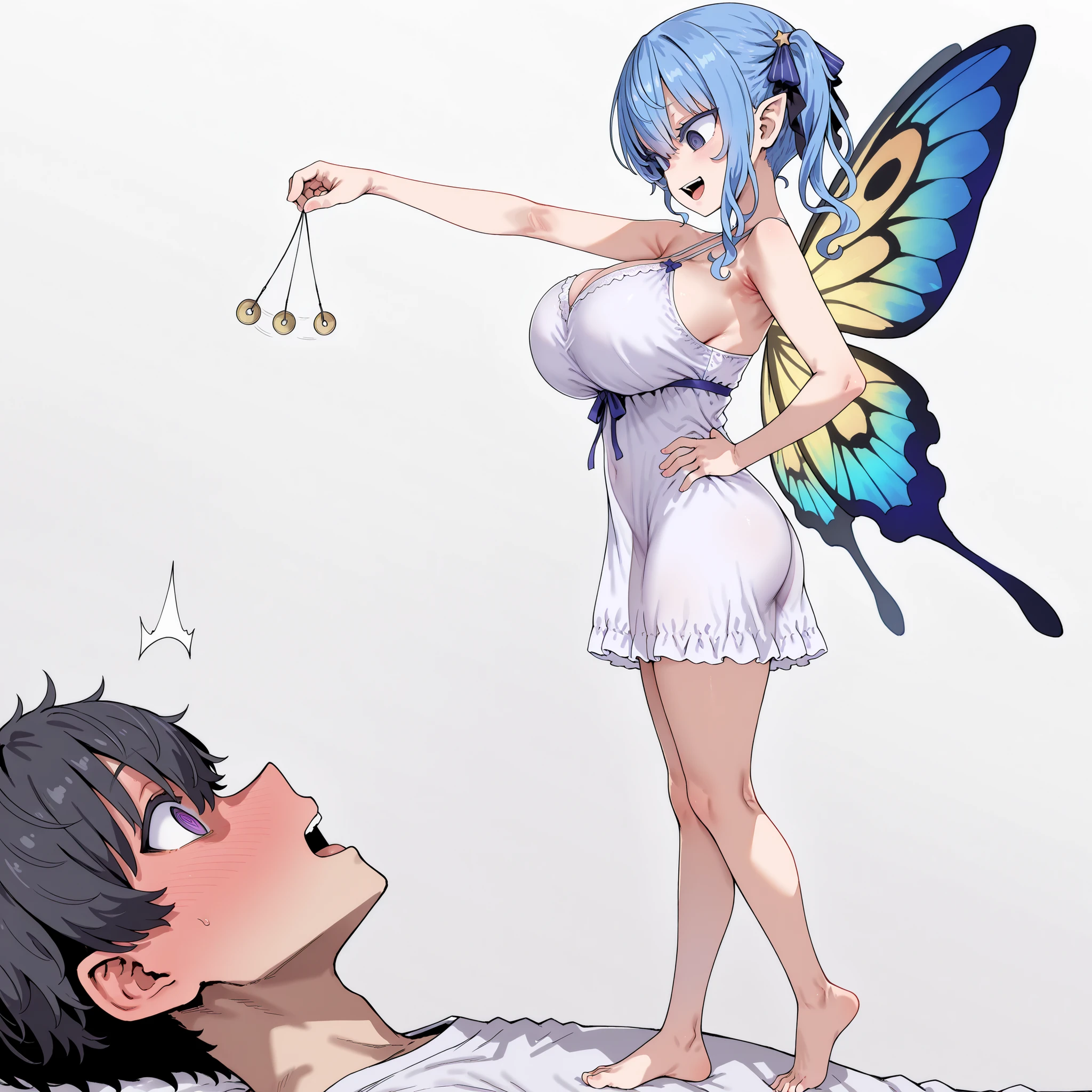girl focus, score_9, score_8_up, score_7_up, 1 girl, (top quality, 8k), high resolution, detailed, (side view:1.3), ((view from side)),
(holding pendulum:1.3) , holding string, hand up, \(hypnotist holding a pendulum\), female hypnotist, no background. girl ringed eyes, looking down,
(perfect hands), masterpiece, high quality, absurd resolution, beautiful hands, (ringed eyes), (oppai loli:1.5), outstretched arm,
(asanagi style:1.1), (toraishi666 art:0.8), (good_hands), open mouth, (loli-bodied type), large breasts, slender-waisted, slender body and slender legs, thin thighs, perfect hands, beautiful eyes, nightgown, babydoll, bare feet, pointy ears, pendulum, (large hip), big ass, (colorful butterfly wings), fairy with wings, fairy girl, (girl evil smile:0.8), open mouth, girl full body, bare feet,
hoshimachi suisei, (full body), (full body from head to toe), (standing), on hand on hip,
boy lying on his back, the boy has a blank look and empty eyes, boy nervous, looking at the pendulum, boy open mouth, boy blushing ahegao, (boy dilated pupils), 1 girl and 1 boy,
