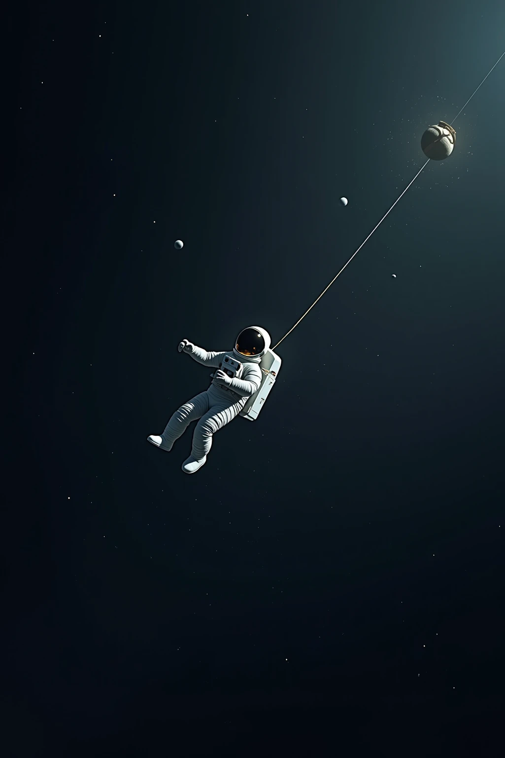 A lone astronaut drifting through a vast space, tied to a slowly rotating space. Stars and distant planets are vaguely visible, reflected from helmet glass. The scene evokes isolation and serenity, Depicted in cinematic sci-fi realism style. soft edge light, Deep black space gradients, Ultra-clear textures. masterpiece digital art, 4k+.