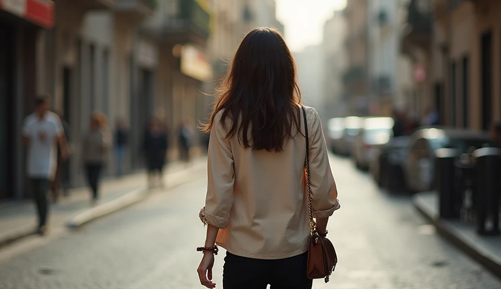 A beautiful Greek girl dances in the streets of Greece in the rain. The girl is 20 years old. She is wearing a white t-shirt and a long Spanish cream skirt. The raindrops on the skin of his body are obvious. At the end of the alley you can see the sea.