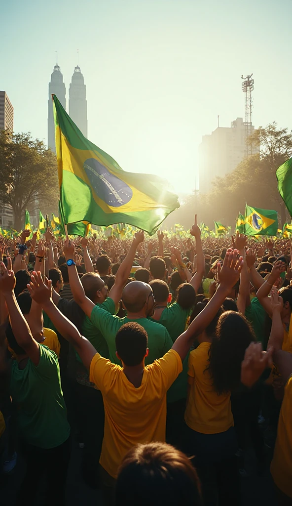 A GENERAL SHOUTING TO A CROWD OF BRAZILIANS RAISING GIGANTIC BRAZILIAN FLAGS AND SINGING 