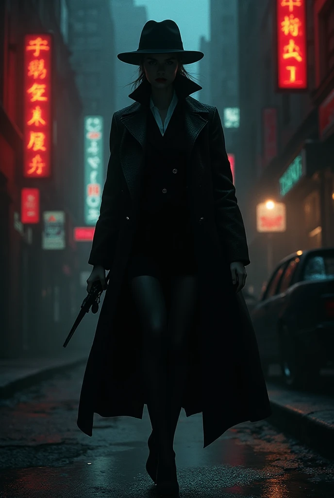 A woman in a black leather dress and coat standing in the rain - SeaArt AI