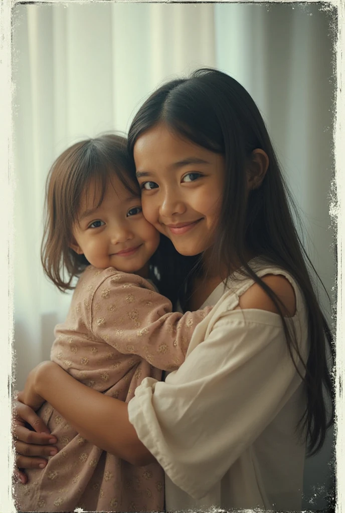 1kid girl wearing a red t-shirt with yellow sleeves and there is a cartoon picture on the t-shirt, background the wall, pas photo, front view, look from front, detail realistic UHD 4k 