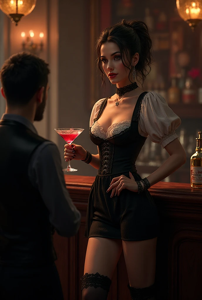 (homens e mulheres: 1.4) beber absinto em taberna movimentada, mulher com a bunda perfeita, roupas sensuais e provocantes, cena quente, barris pesados de madeira de absinto, Solid iron tables charcoal fireplace, espelhos detalhados, Darts board, dog sleeping near the fireplace, barkeep lavar copos, servindo pessoal, comportamento sensual, violinista, live music, Industrial Revolution, WoodIronAI, AbsinthePunkAI,