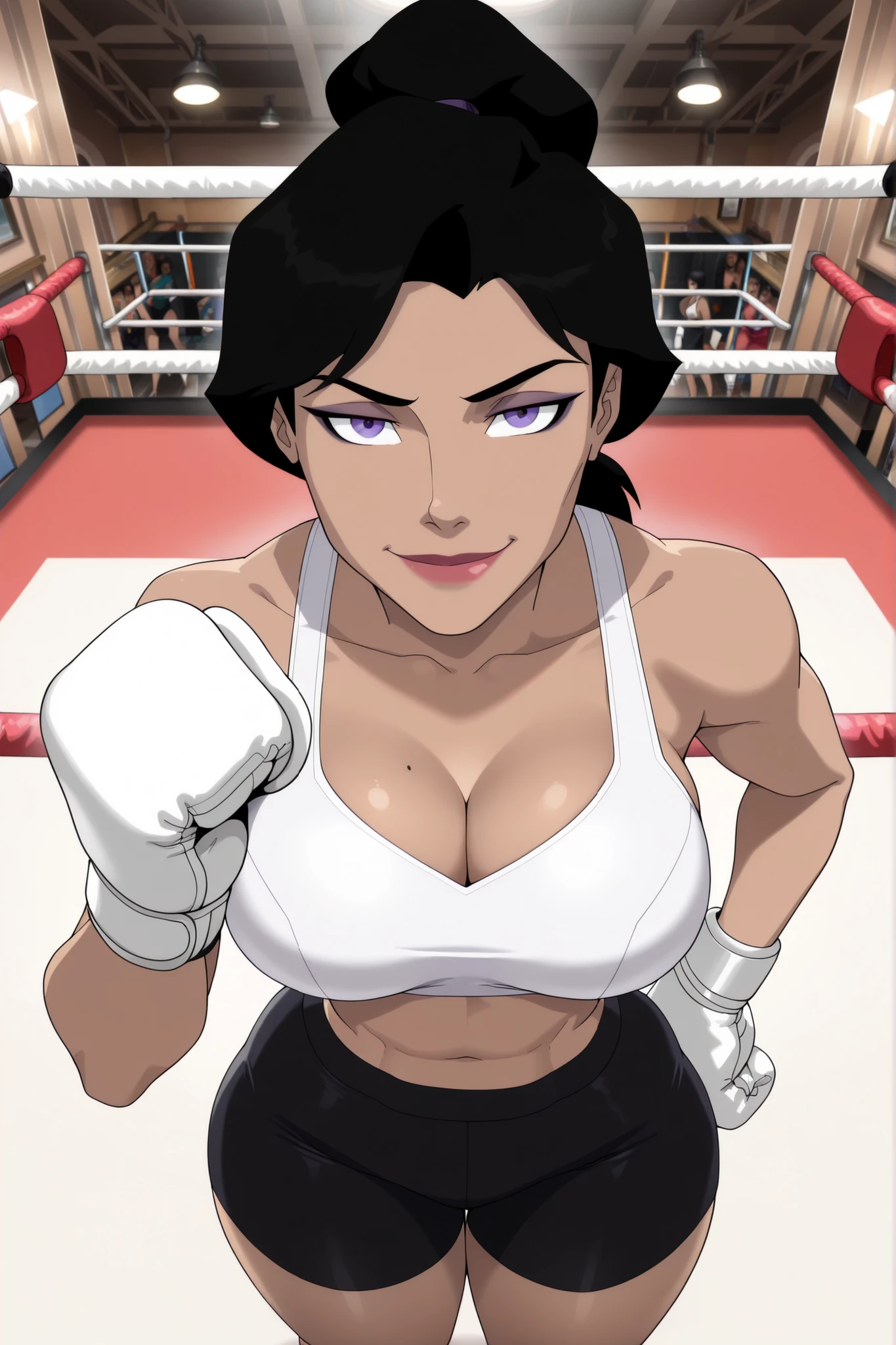 ((parody), perfect anatomy, perfect eyes) BREAK lois lane, black hair, ponytail, purple eyes, lipstick, makeup, ((looking at viewer)), very large breasts, busty, cleavage, curvy, athletic, white bikini top, black workout shorts, white boxing gloves, teasing viewer, seducing viewer, boxing ring, indoors, standing, closeup, portrait, smiling, seductive expression, bedroom eyes, upper body, portrait, closeup, high-angle view, dark purple eyeshadow, black mascara, thick thighs, wide hips