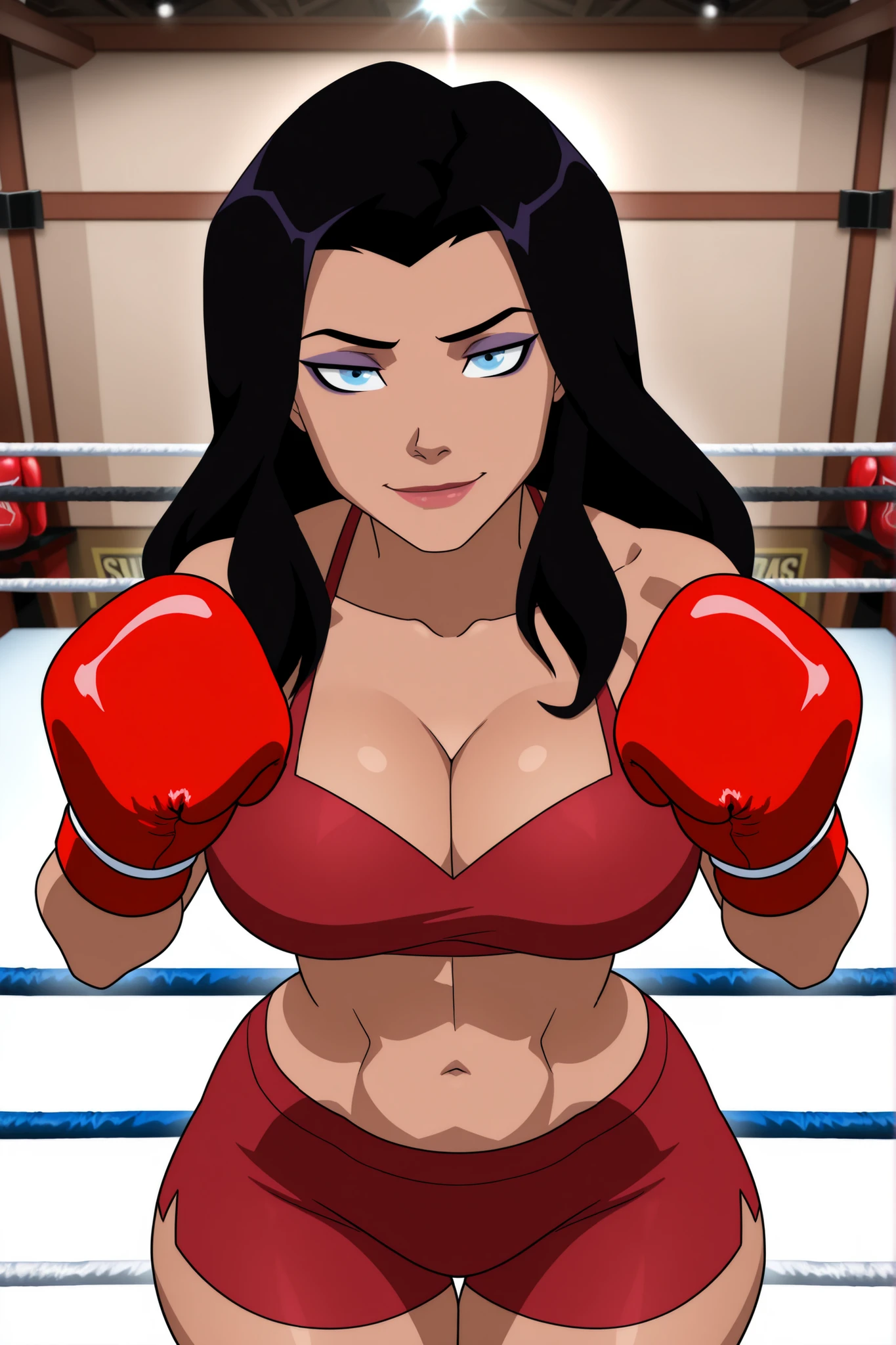 ((parody), perfect anatomy, perfect eyes, cowboy shot,) BREAK zatanna zatara, black hair, long hair, blue eyes, lipstick, ((looking at viewer)), seducing viewer, teasing viewer, very large breasts, busty, cleavage, curvy, athletic, standing, scarlet red bikini top, scarlet red workout shorts, scarlet red boxing gloves, seductive expression, bedroom eyes, indoors, boxing ring, smiling, closed mouth, portrait, upper body, closeup, high-angle view, dark purple eyeshadow, black mascara, thick thighs, wide hips