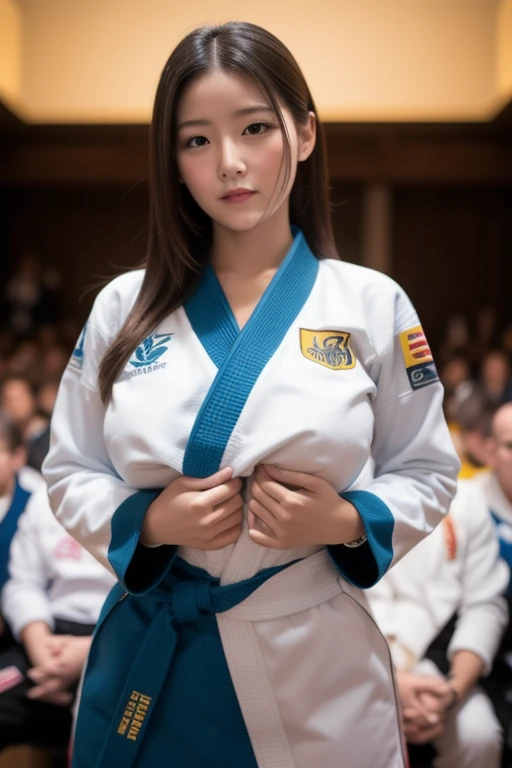 1girl, Blue eyes, (smile), (white karate suit:1.3), (Sana Minatozaki), wide hips, Big , big ass, (Best Quality, 8k, Masterpiece: 1.3), perfect hands, Clear Focus: 1.2, Perfect Body Beauty: 1.4, Highly detailed face and skin texture, detailed eyes, double eyelids, red lips, (blonde long hair :1.2), standing, dynamic pose, in a dojo, tatami floor
