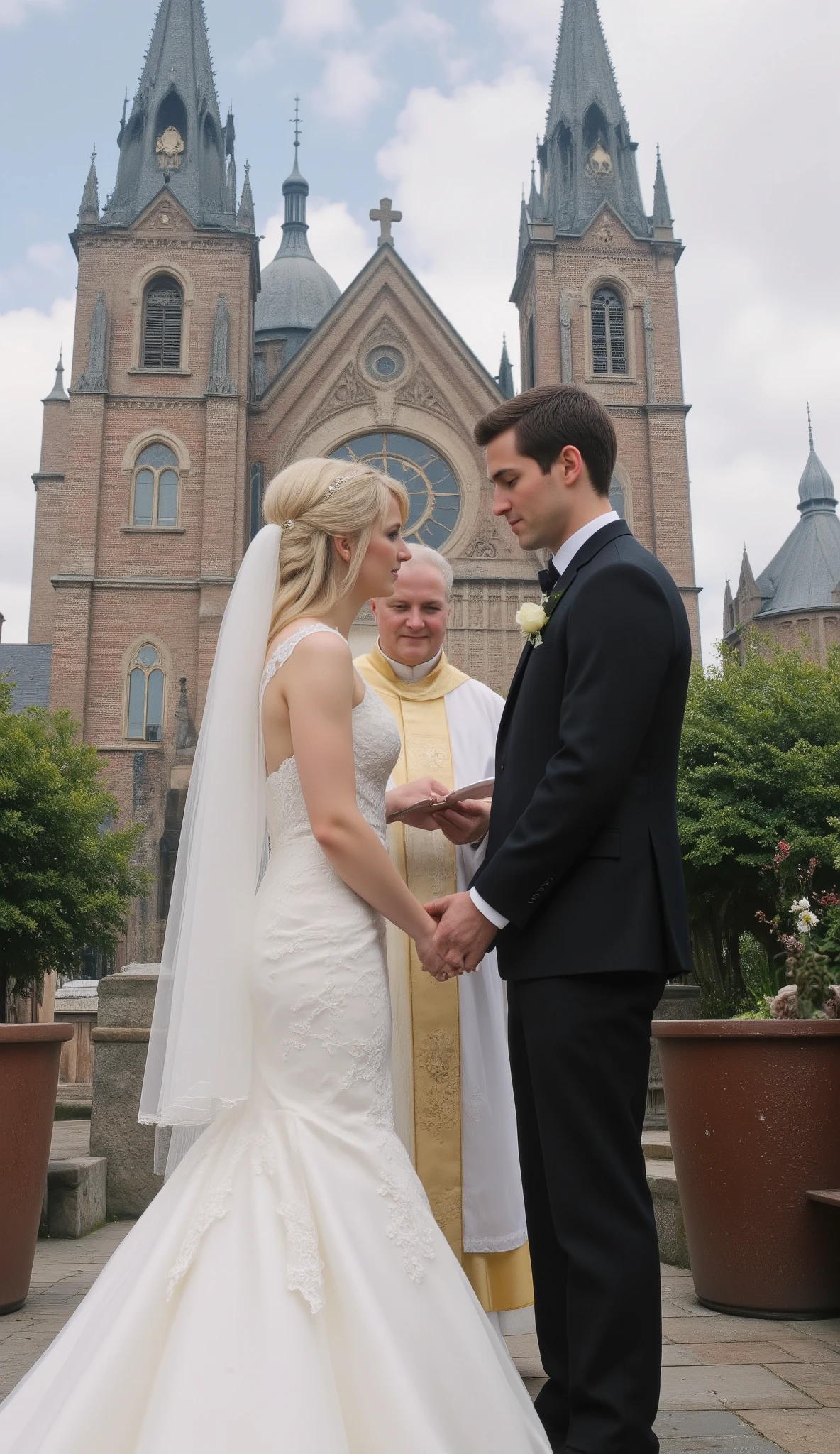 high-definition images、Catholic priest, a beautiful、model in formal attire, married in a pure white dress、is blessed by the pastor of a church in Texas、In front of the pastor's church、